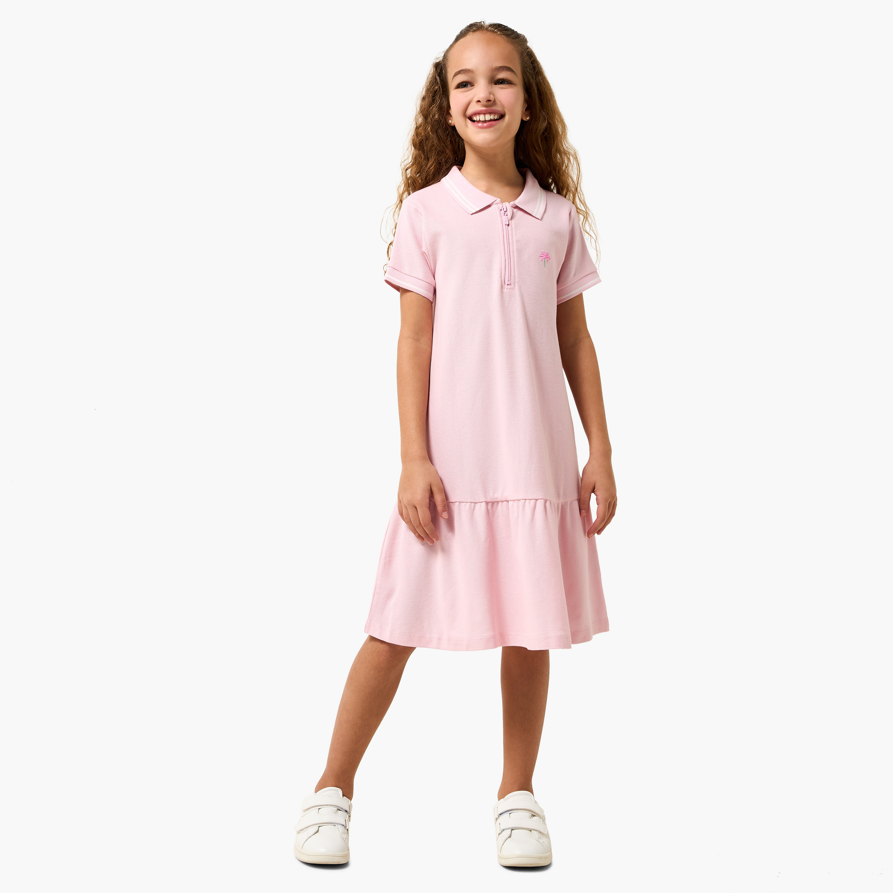 Juniors Collared Short Sleeves Knee Length Drop Waist Dress with Embroidered Design-girls-clothing-dressesandjumpsuits-image-2