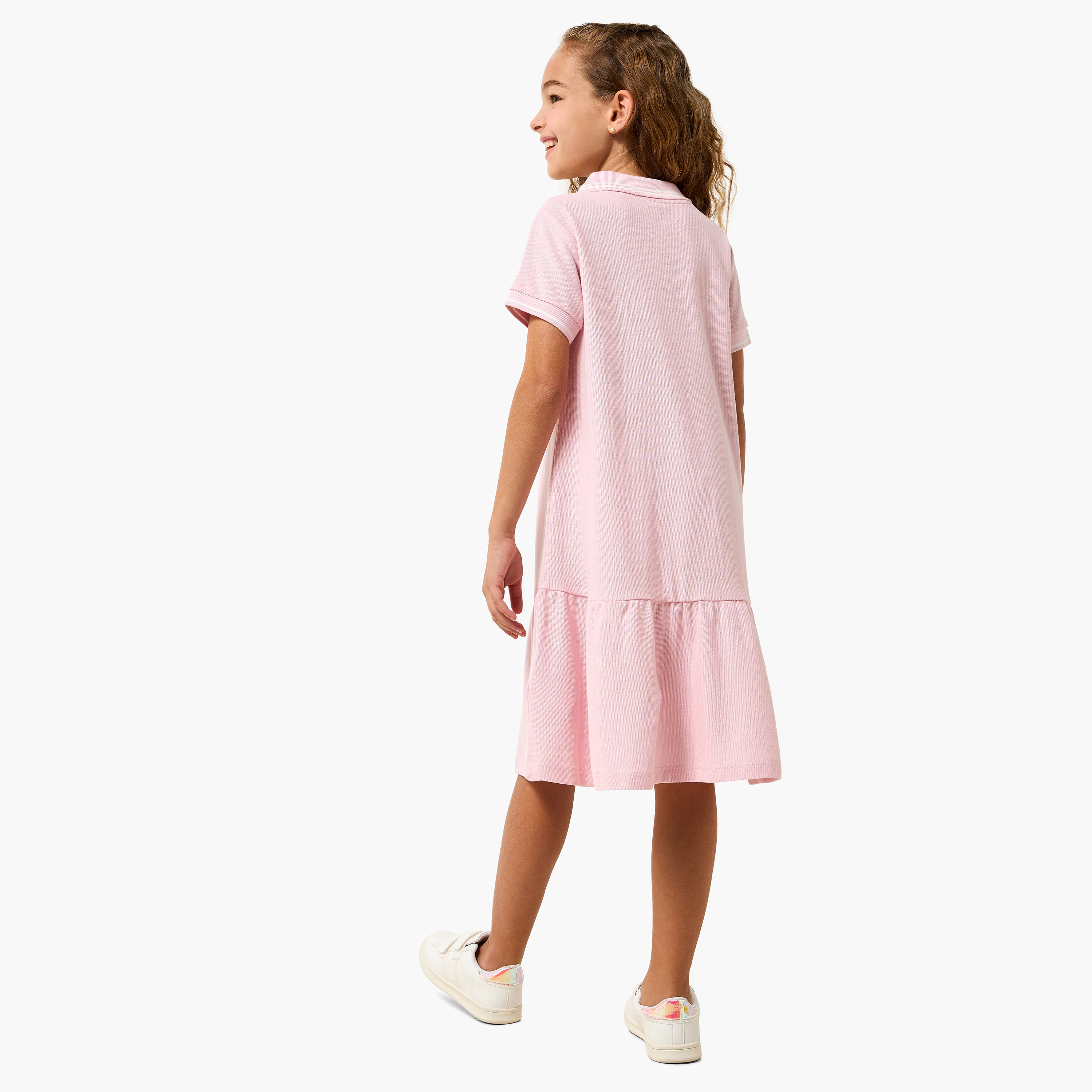 Juniors Collared Short Sleeves Knee Length Drop Waist Dress with Embroidered Design-girls-clothing-dressesandjumpsuits-image-3