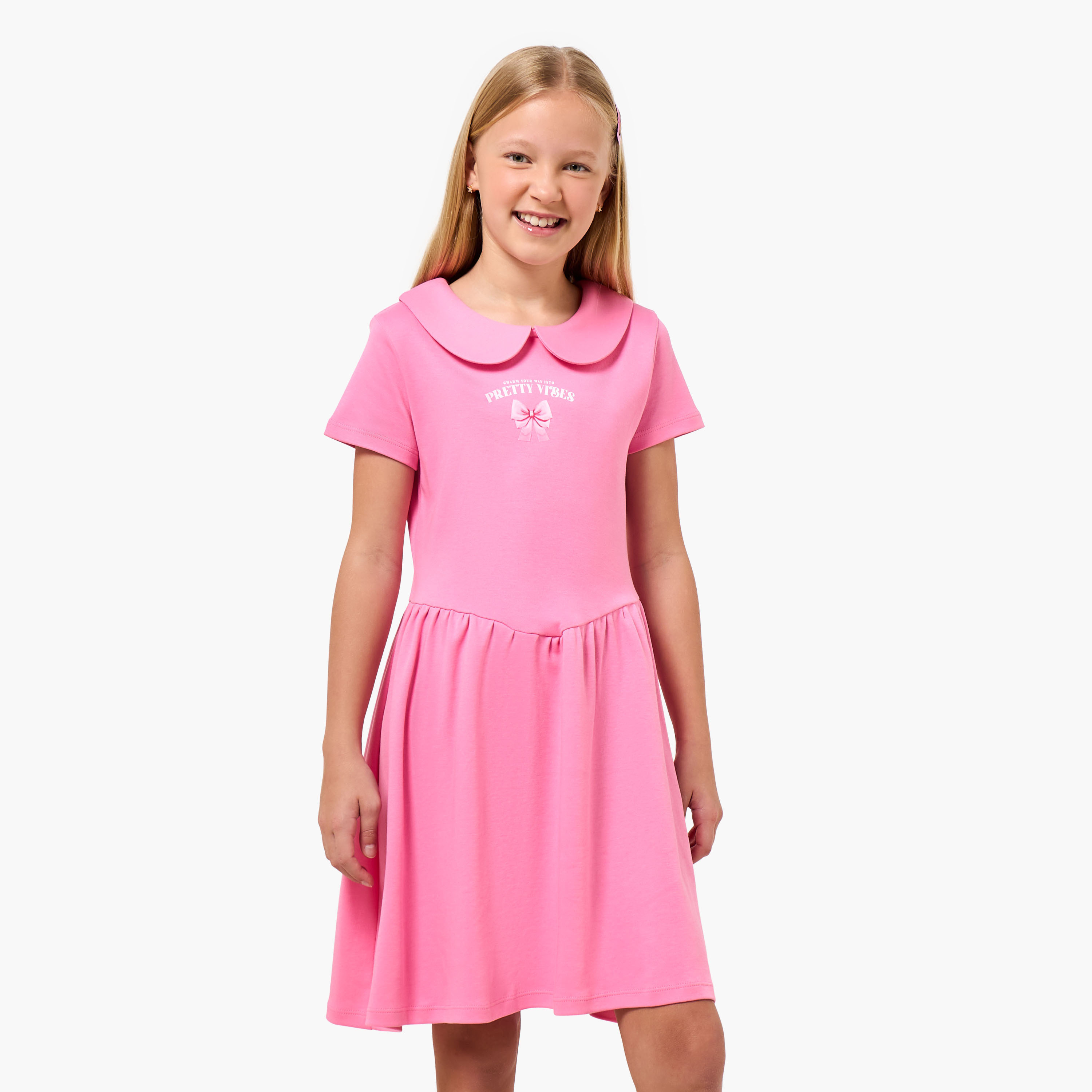 Juniors Peter Pan Collar Short Sleeves Knee Length A-line Dress with Print-girls-clothing-dressesandjumpsuits-image-1