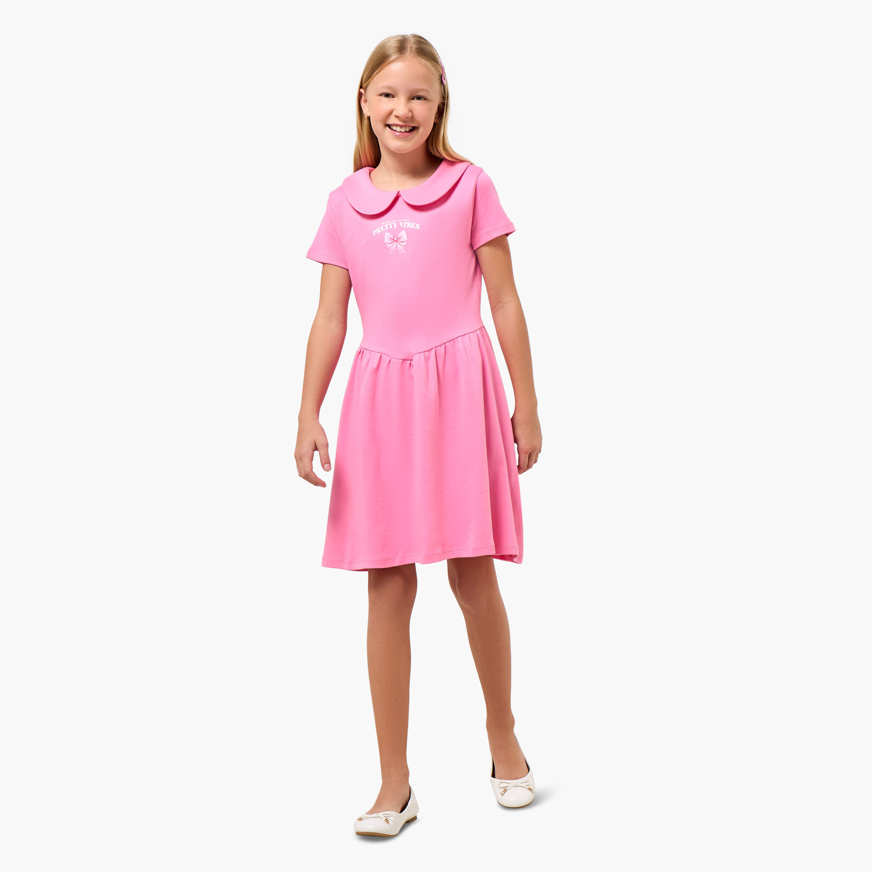 Juniors Peter Pan Collar Short Sleeves Knee Length A-line Dress with Print-girls-clothing-dressesandjumpsuits-image-2