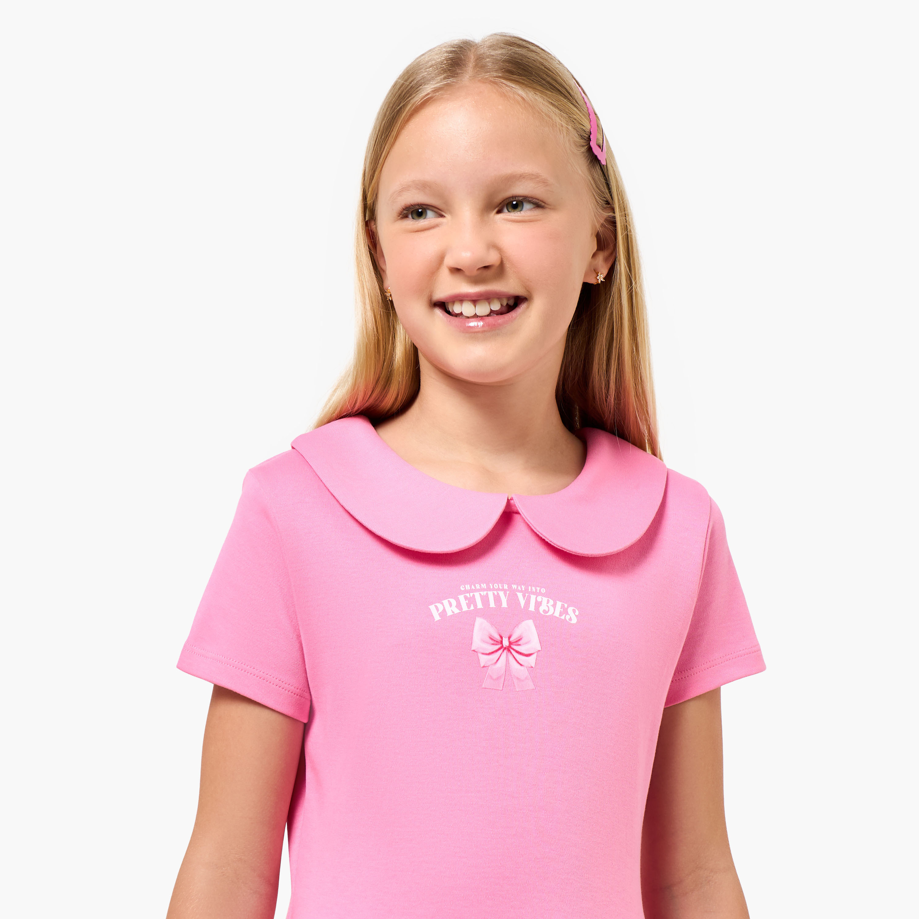 Juniors Peter Pan Collar Short Sleeves Knee Length A-line Dress with Print-girls-clothing-dressesandjumpsuits-image-4