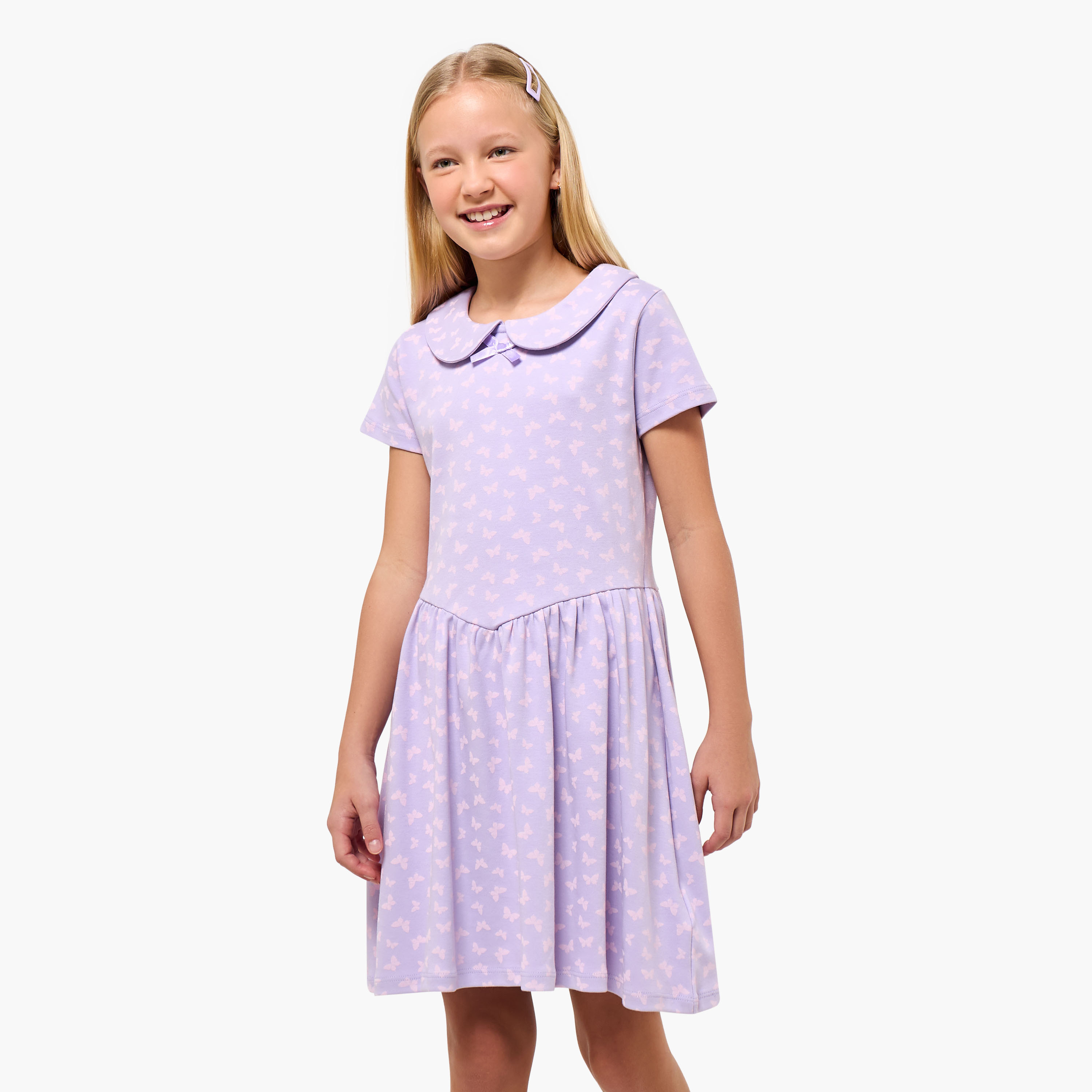 Juniors Peter Pan Collar Short Sleeve Dress with Butterfly Print-girls-clothing-dressesandjumpsuits-image-1
