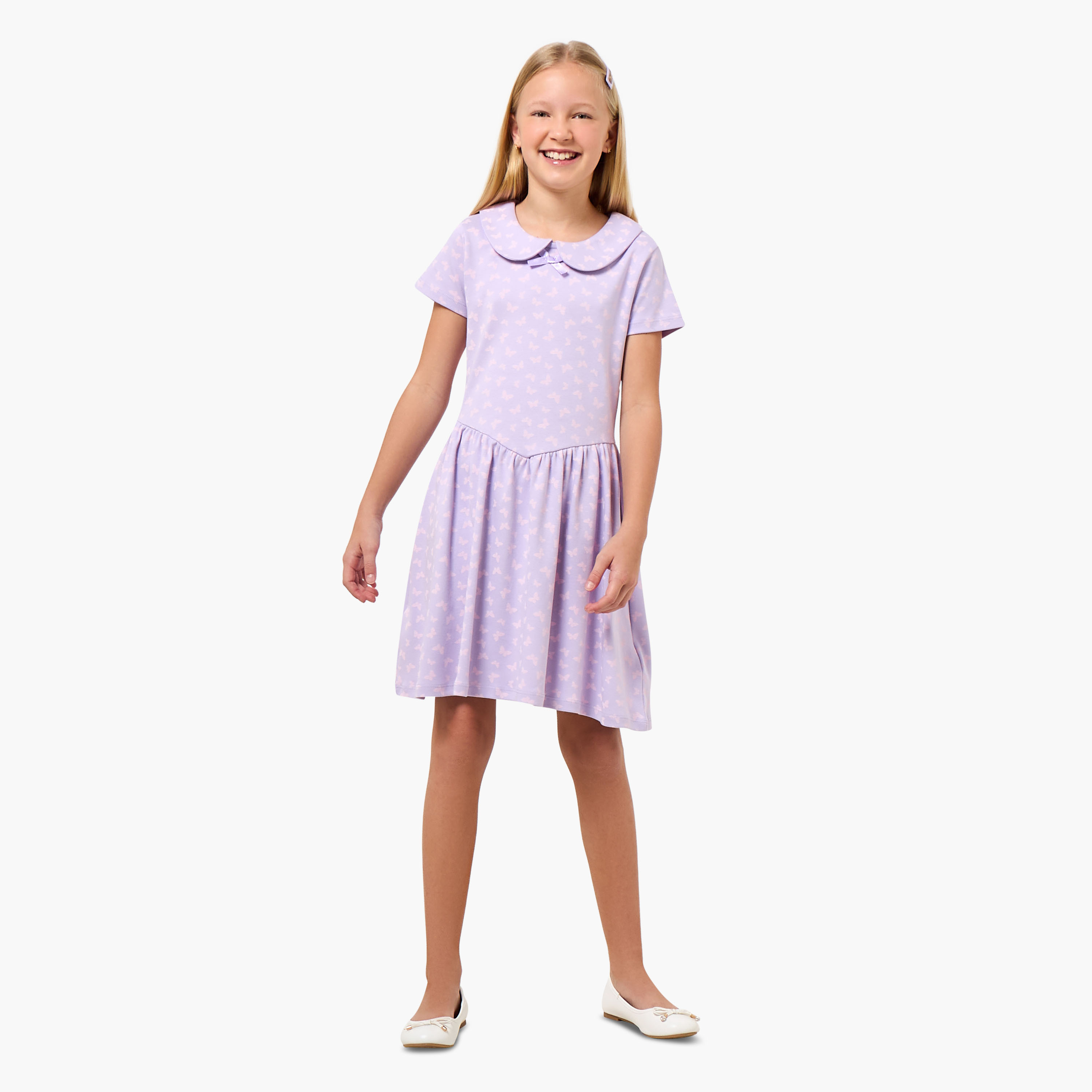 Juniors Peter Pan Collar Short Sleeve Dress with Butterfly Print-girls-clothing-dressesandjumpsuits-image-2