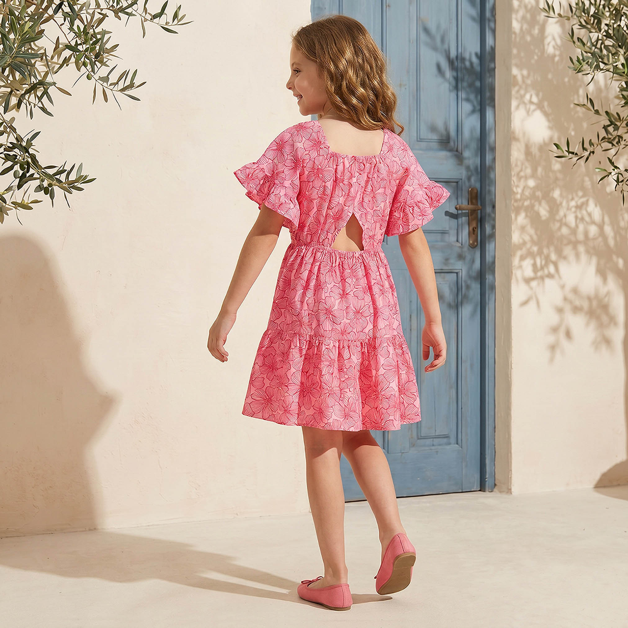 Juniors Square Neck Short Sleeves Knee Length Tiered Dress with Floral Print-girls-clothing-dressesandjumpsuits-image-2