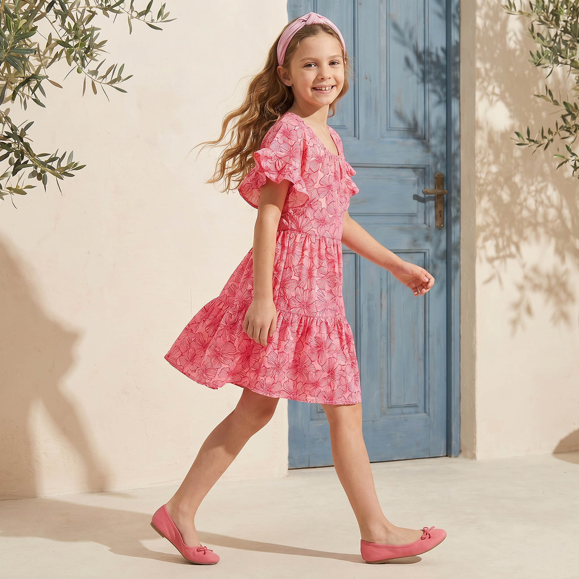 Juniors Square Neck Short Sleeves Knee Length Tiered Dress with Floral Print-girls-clothing-dressesandjumpsuits-image-4