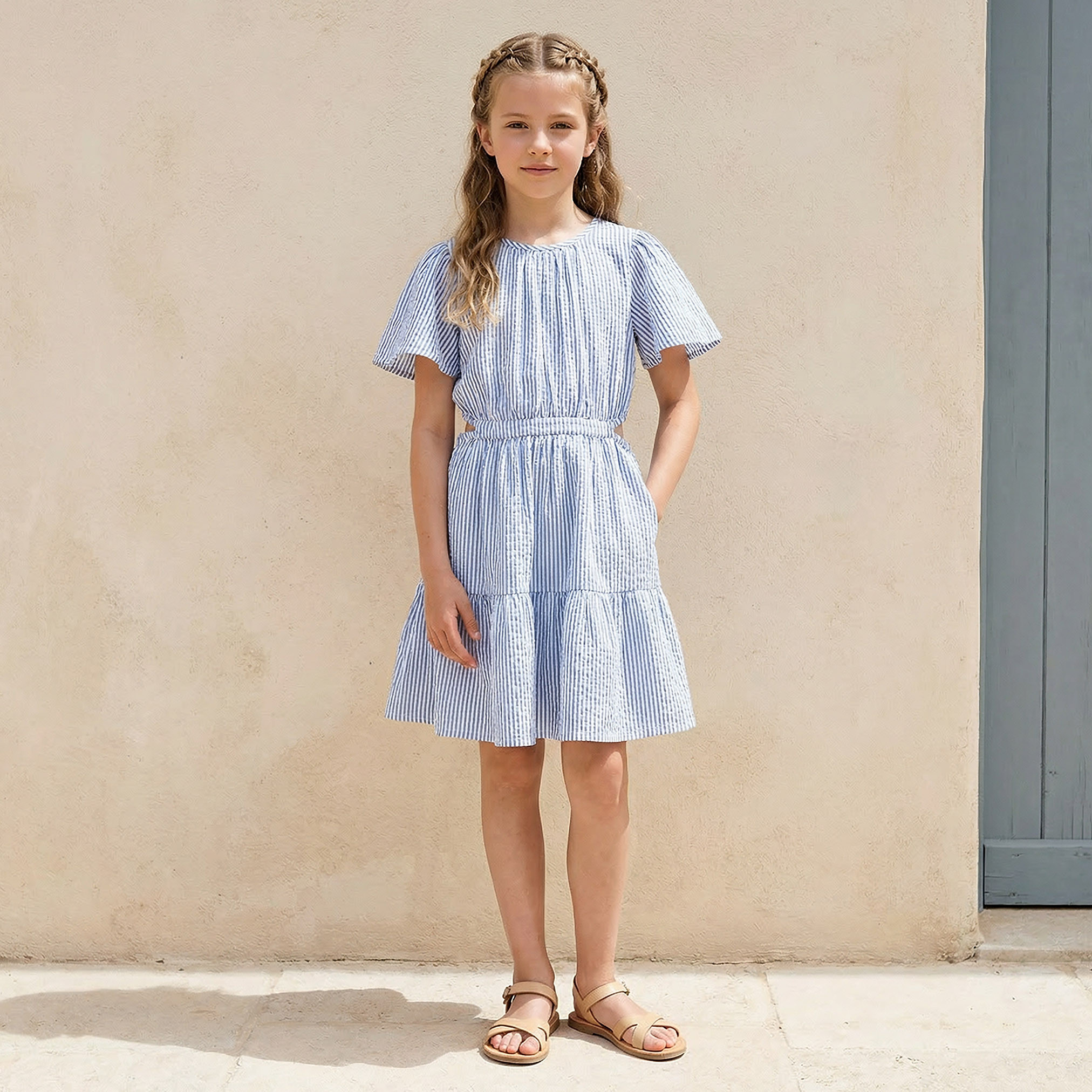 Juniors Round Neck Short Sleeves Knee Length Tiered Dress with Stripes-girls-clothing-dressesandjumpsuits-image-2