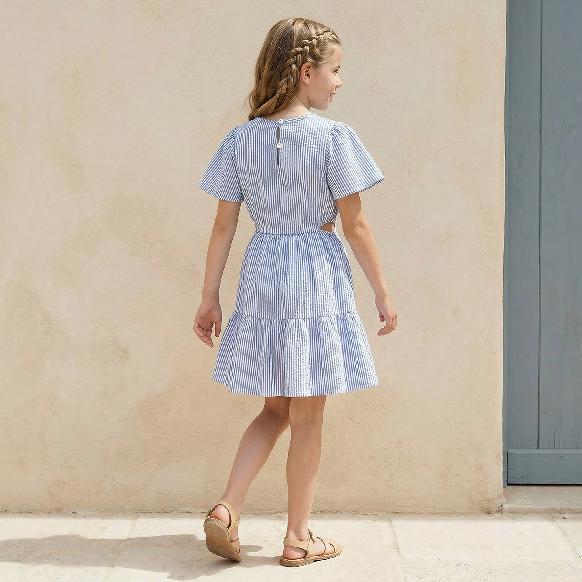 Juniors Round Neck Short Sleeves Knee Length Tiered Dress with Stripes-girls-clothing-dressesandjumpsuits-image-3