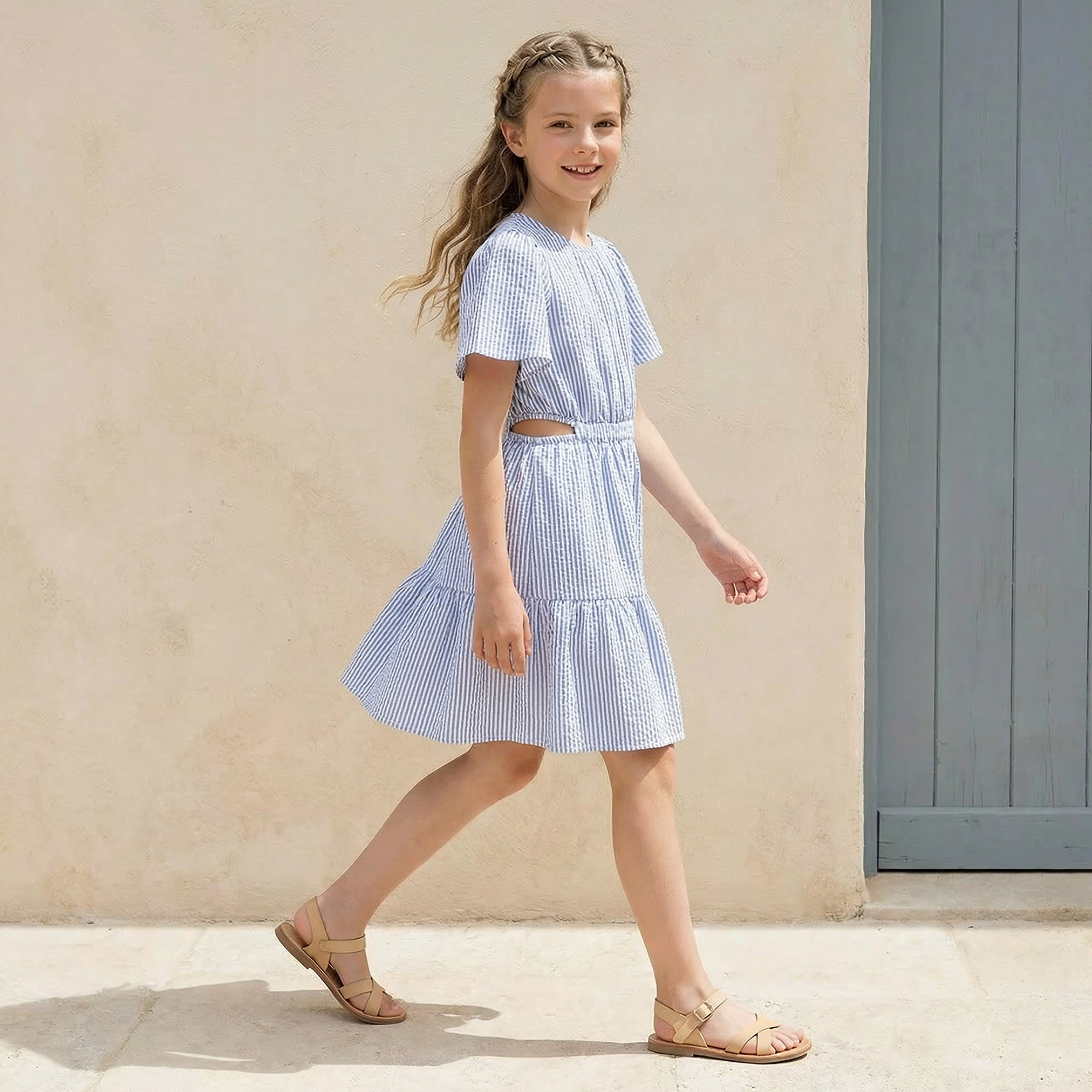 Juniors Round Neck Short Sleeves Knee Length Tiered Dress with Stripes-girls-clothing-dressesandjumpsuits-image-5