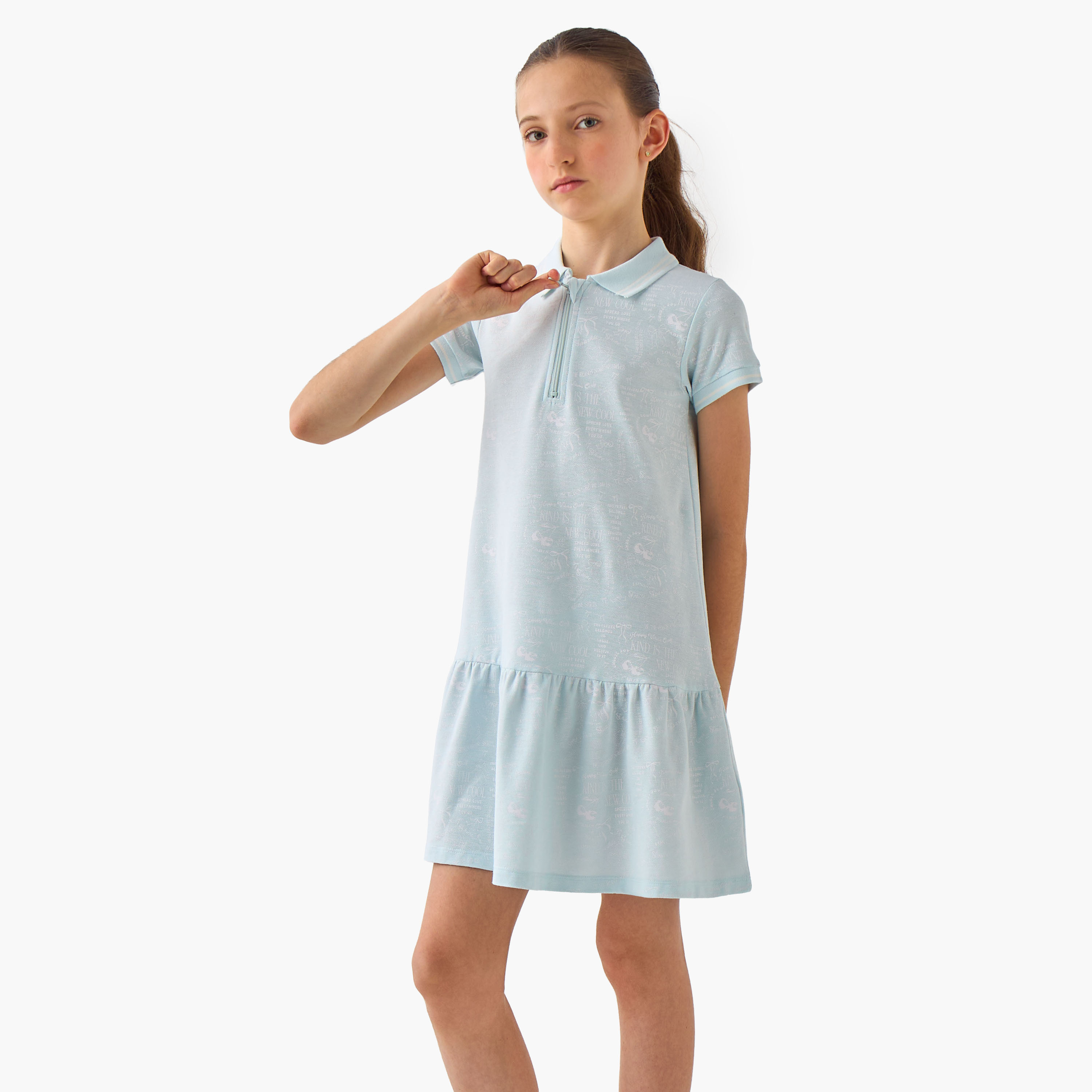 Juniors Collared Short Sleeves Knee Length T-shirt Dress with Print-girls-clothing-dressesandjumpsuits-image-1
