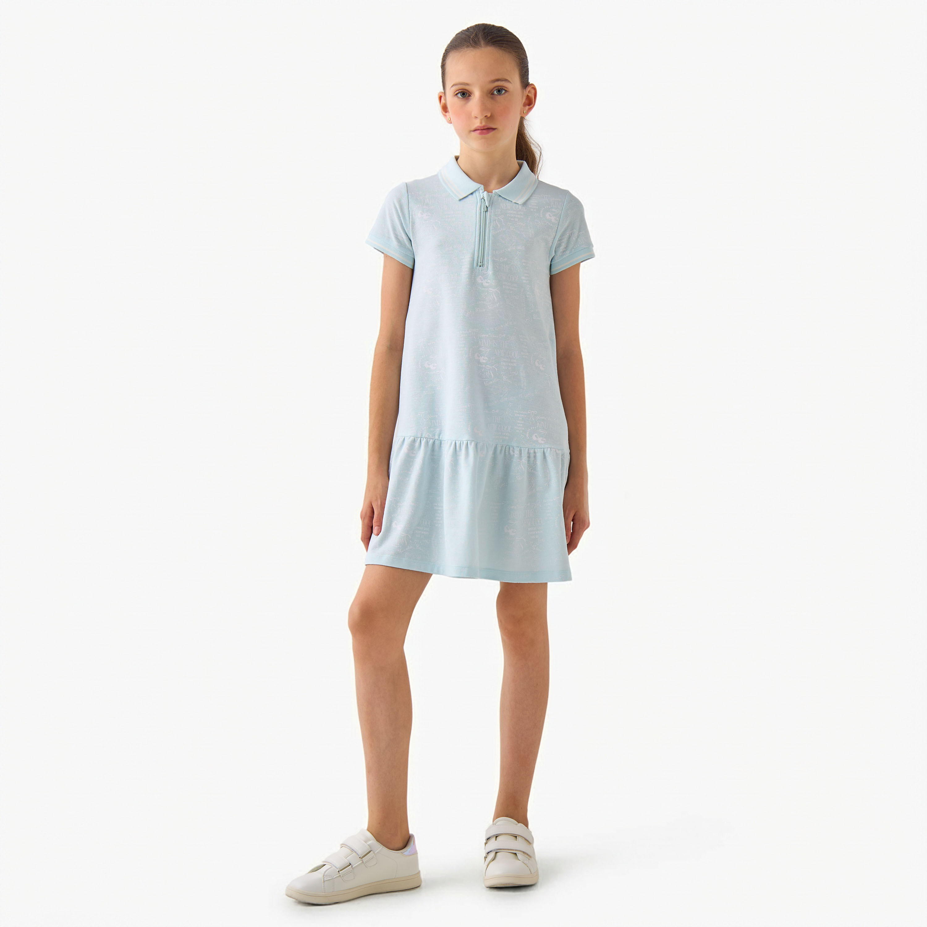 Juniors Collared Short Sleeves Knee Length T-shirt Dress with Print-girls-clothing-dressesandjumpsuits-image-2