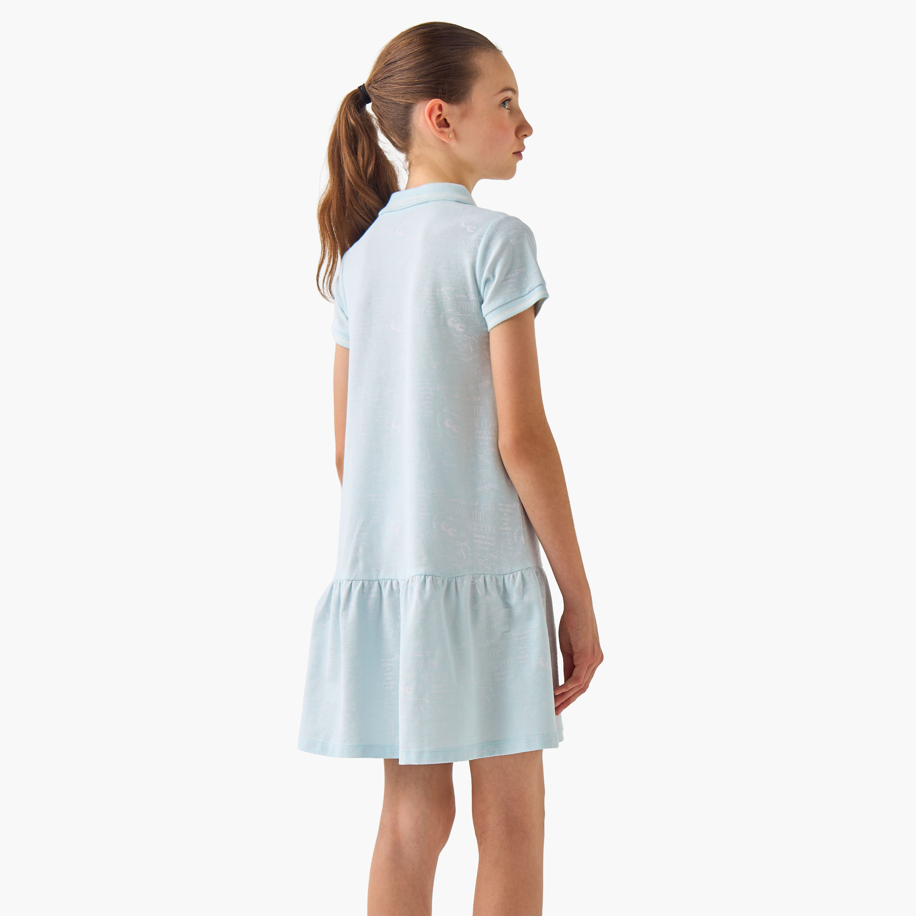 Juniors Collared Short Sleeves Knee Length T-shirt Dress with Print-girls-clothing-dressesandjumpsuits-image-3
