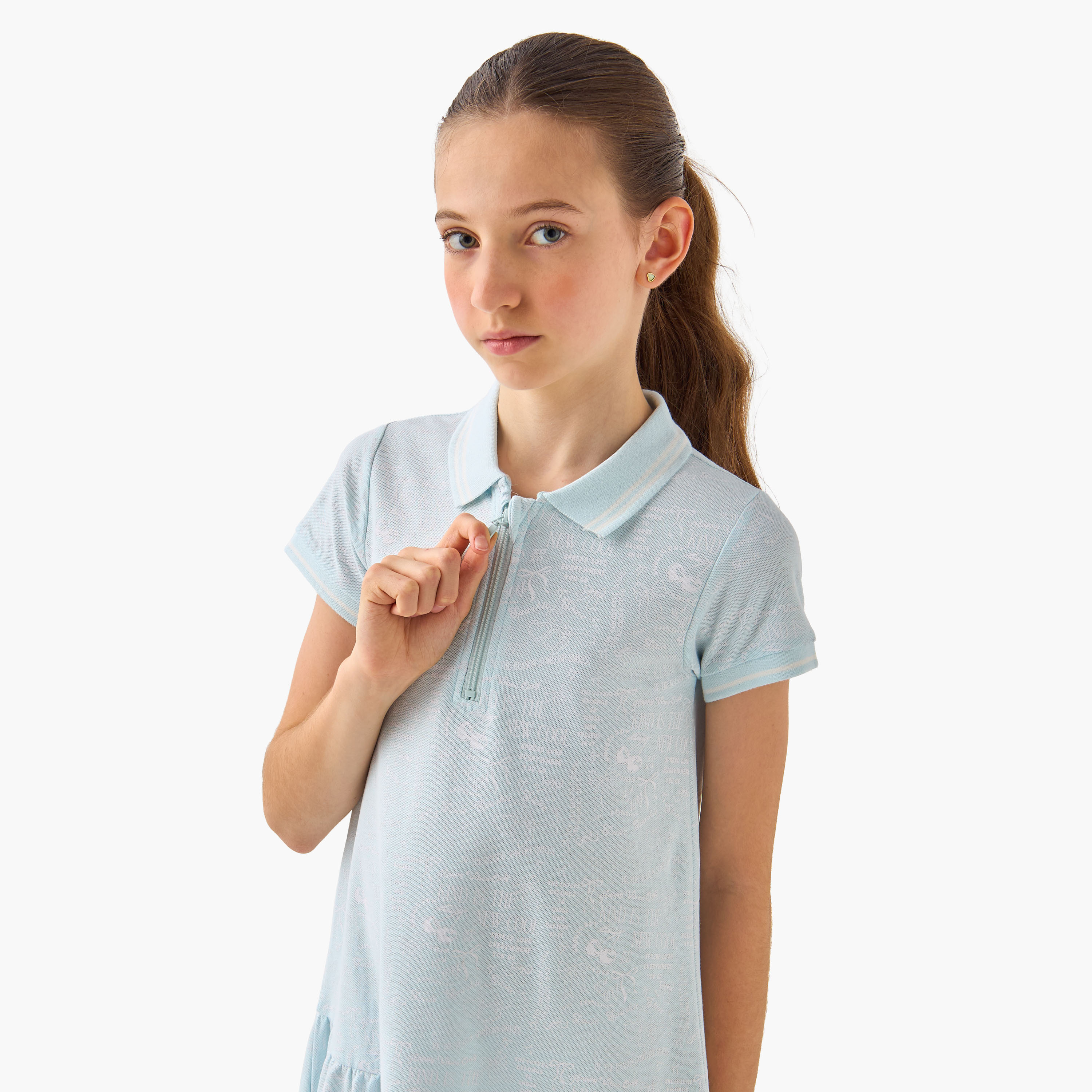 Juniors Collared Short Sleeves Knee Length T-shirt Dress with Print-girls-clothing-dressesandjumpsuits-image-4