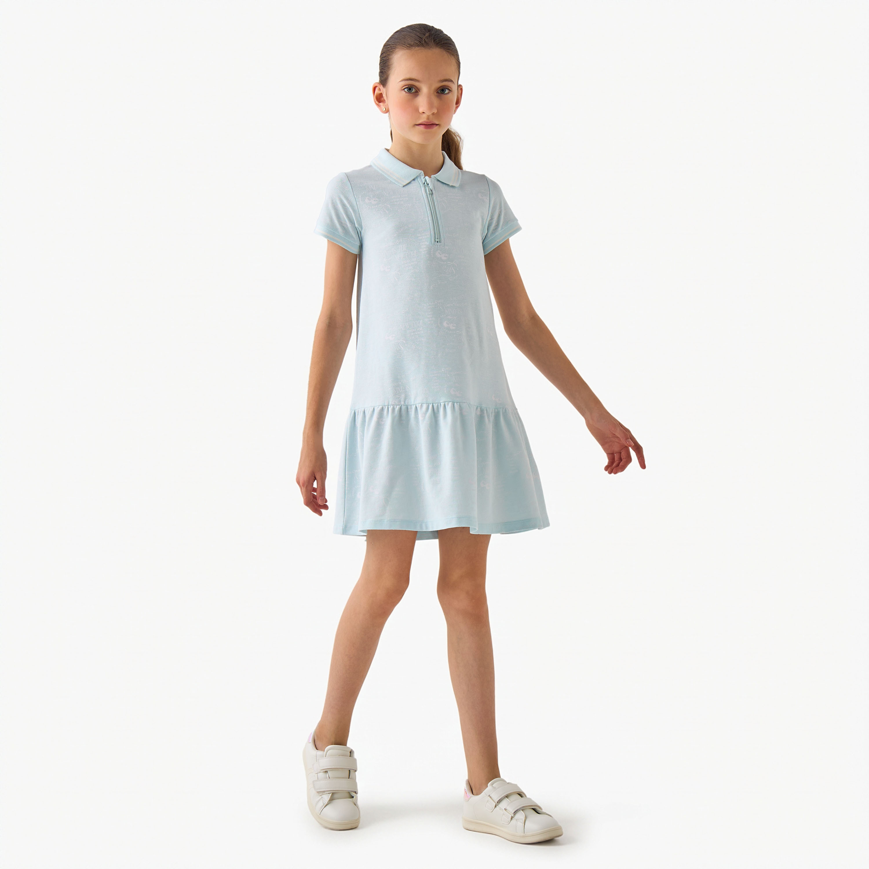 Juniors Collared Short Sleeves Knee Length T-shirt Dress with Print-girls-clothing-dressesandjumpsuits-image-6
