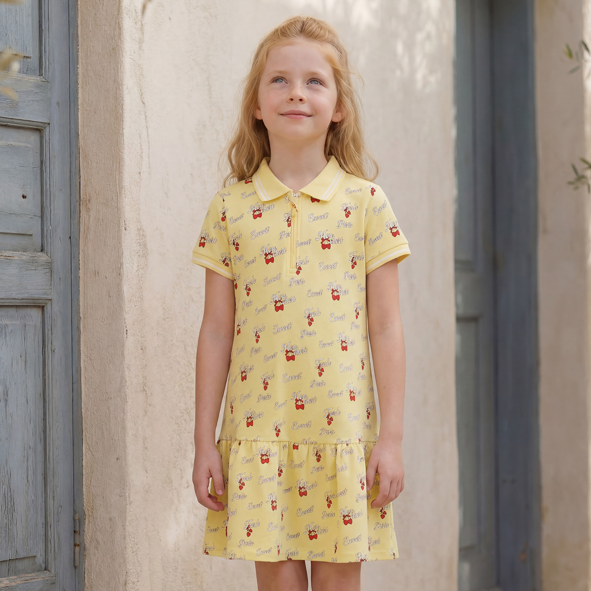 Juniors Collared Short Sleeve Knee-Length Polo Dress with Bow Print-girls-clothing-dressesandjumpsuits-image-1