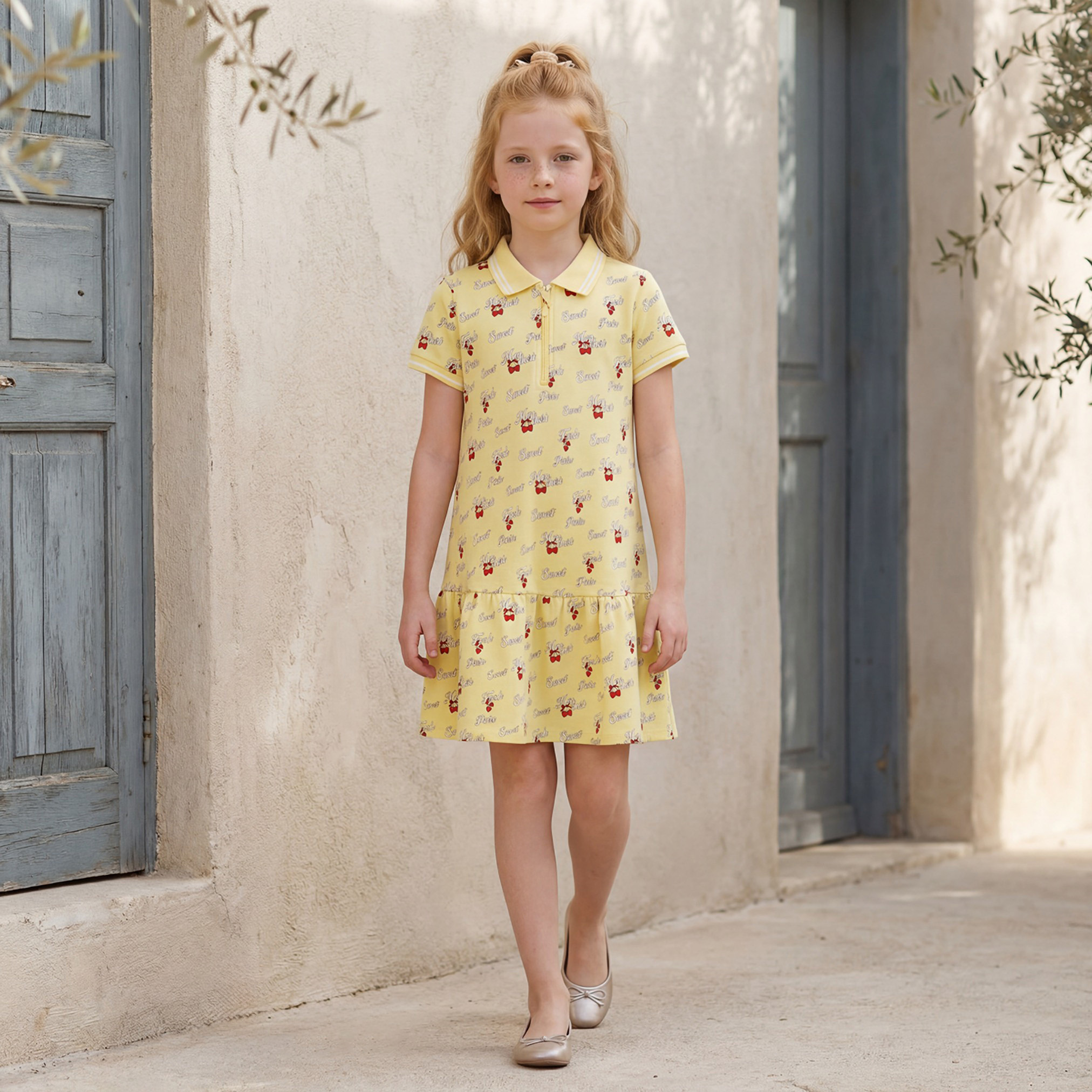 Juniors Collared Short Sleeve Knee-Length Polo Dress with Bow Print-girls-clothing-dressesandjumpsuits-image-2
