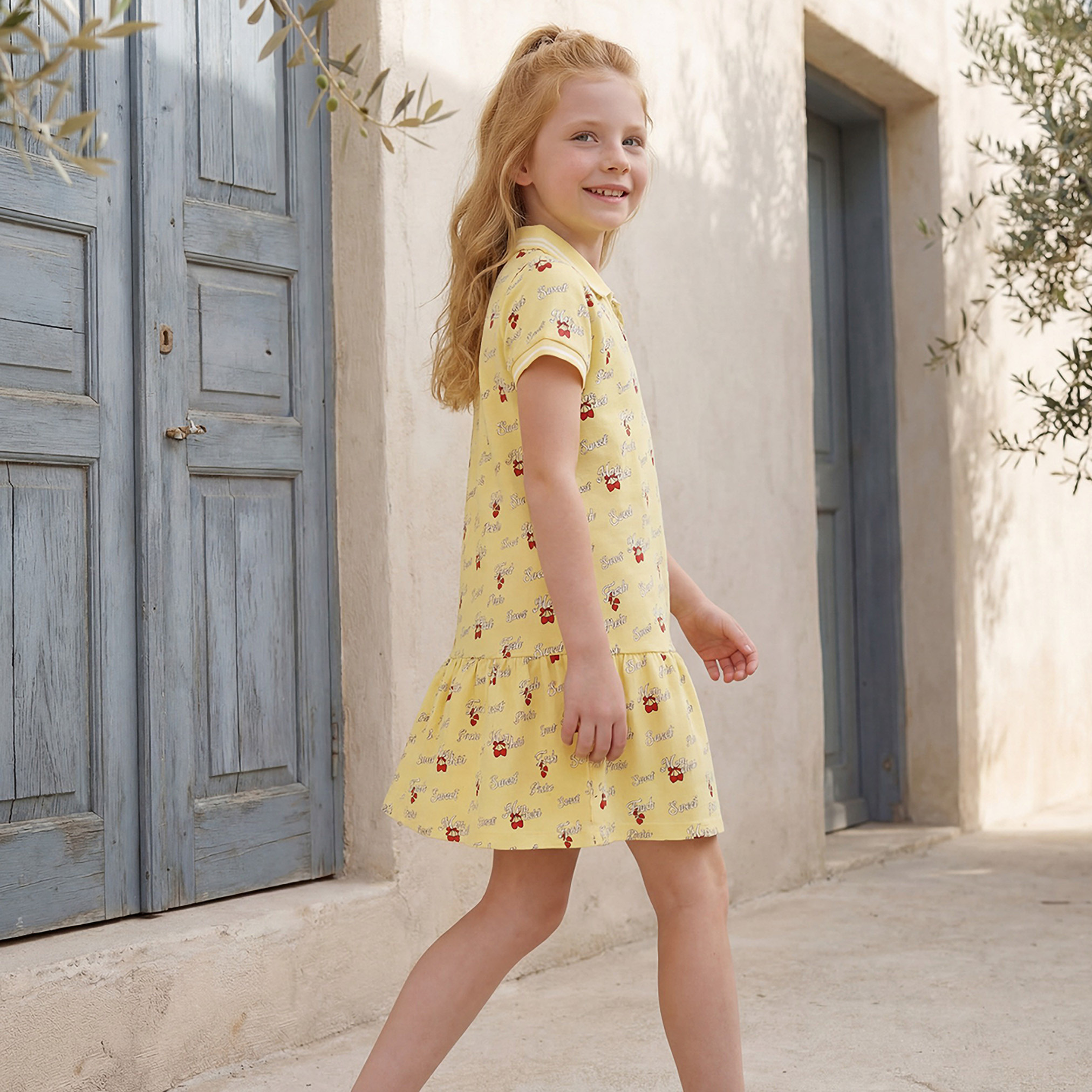 Juniors Collared Short Sleeve Knee-Length Polo Dress with Bow Print-girls-clothing-dressesandjumpsuits-image-5