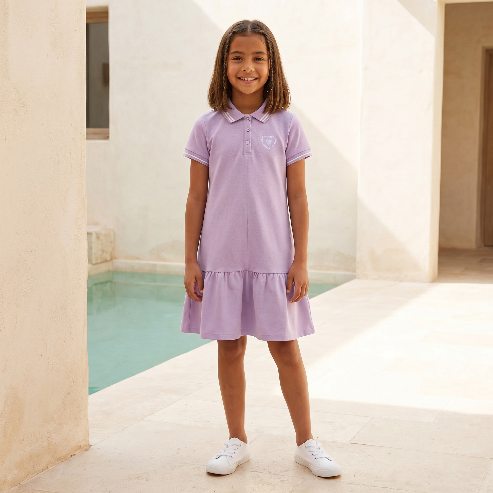 Juniors Collared Short Sleeve Knee-Length Polo Dress with Heart Embroidery-girls-clothing-dressesandjumpsuits-image-1
