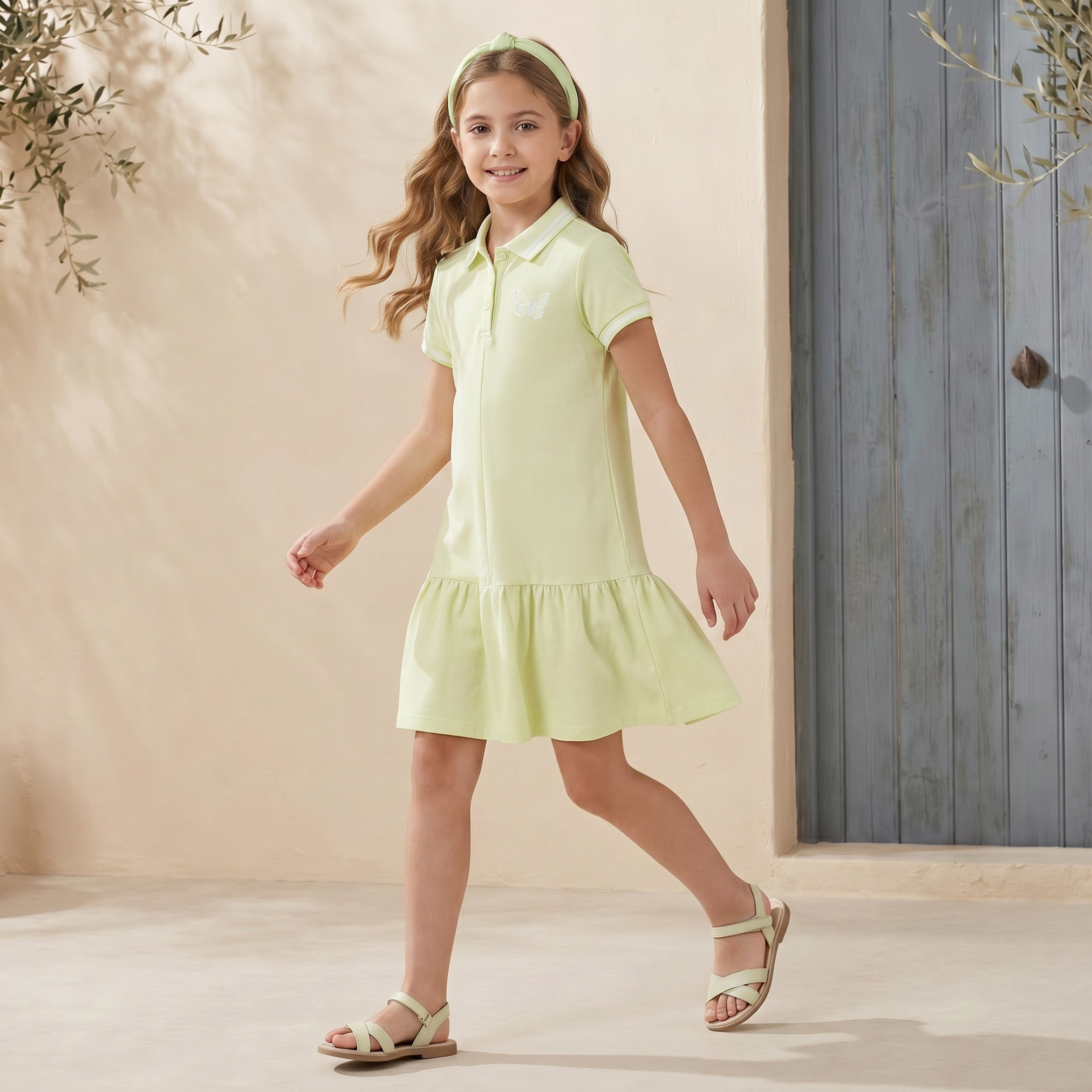 فستان بولو طول الركبة بأكمام قصيرة بخصر منخفض وتطريزات فراشة من جونيورز-girls-clothing-dressesandjumpsuits-image-2