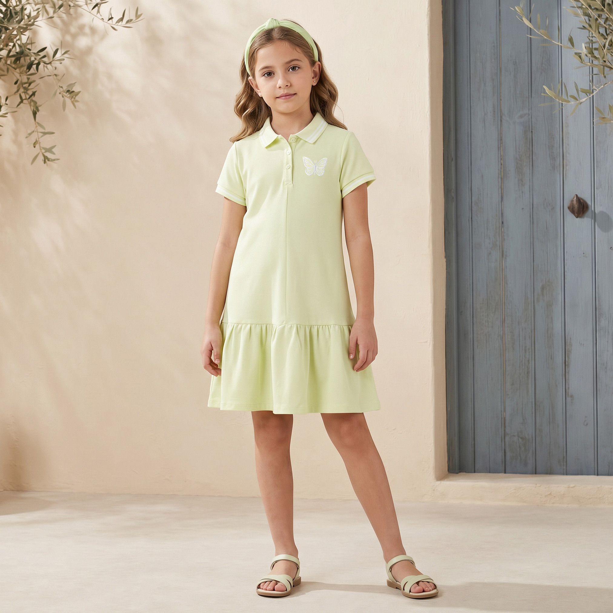 فستان بولو طول الركبة بأكمام قصيرة بخصر منخفض وتطريزات فراشة من جونيورز-girls-clothing-dressesandjumpsuits-image-6