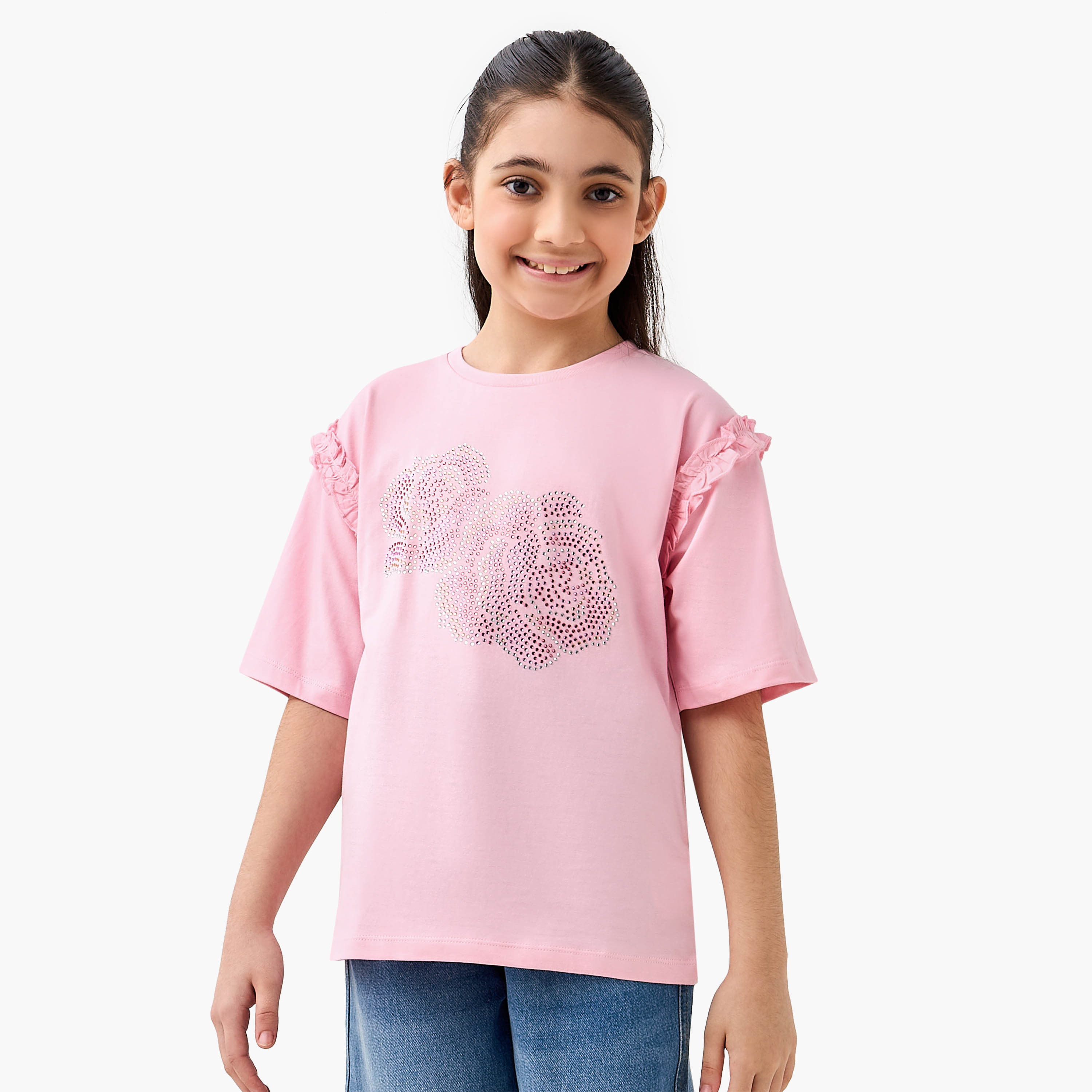 Juniors Crew Neck Short Sleeves T-shirt with Floral Embellished Design-girls-clothing-tshirts-image-1