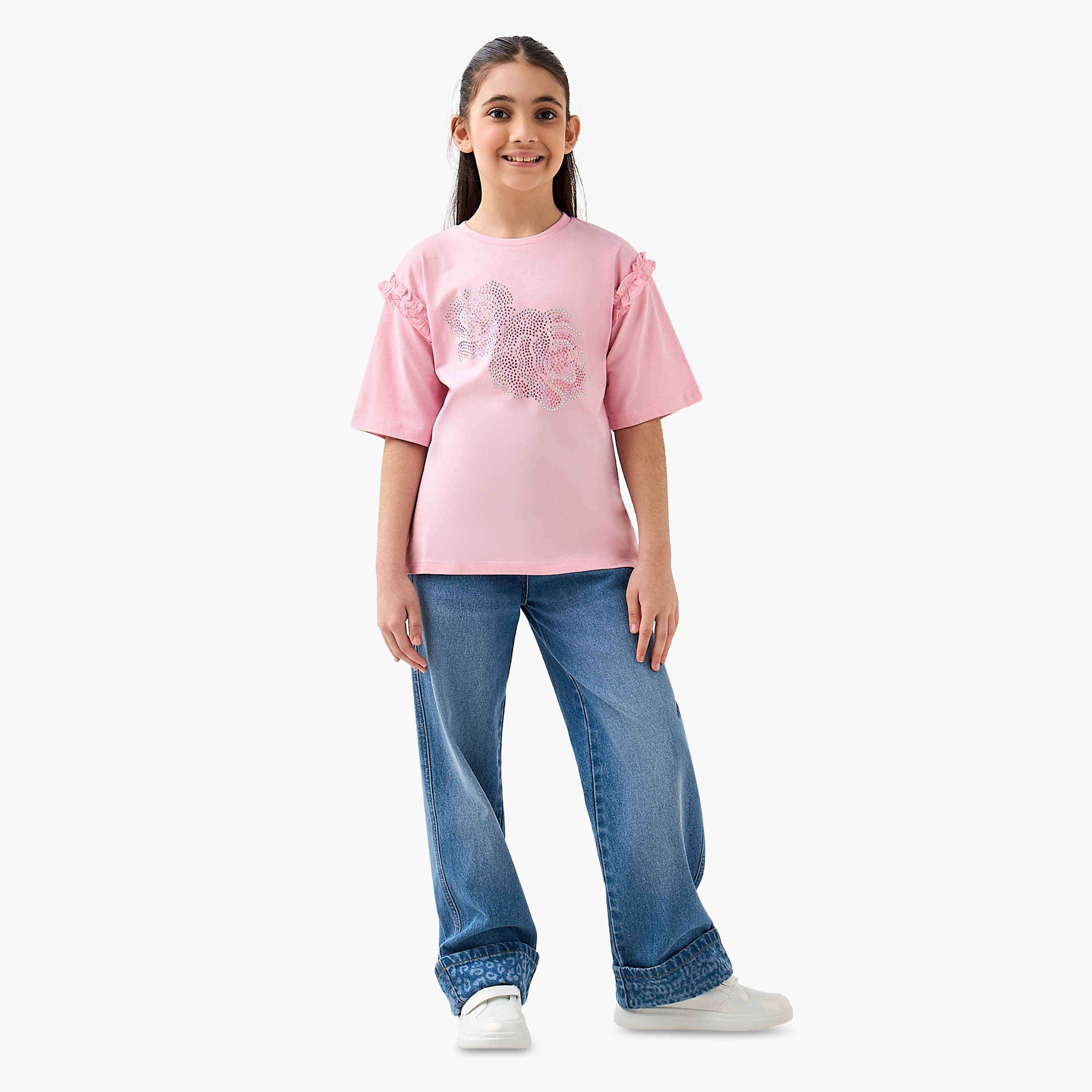 Juniors Crew Neck Short Sleeves T-shirt with Floral Embellished Design-girls-clothing-tshirts-image-2