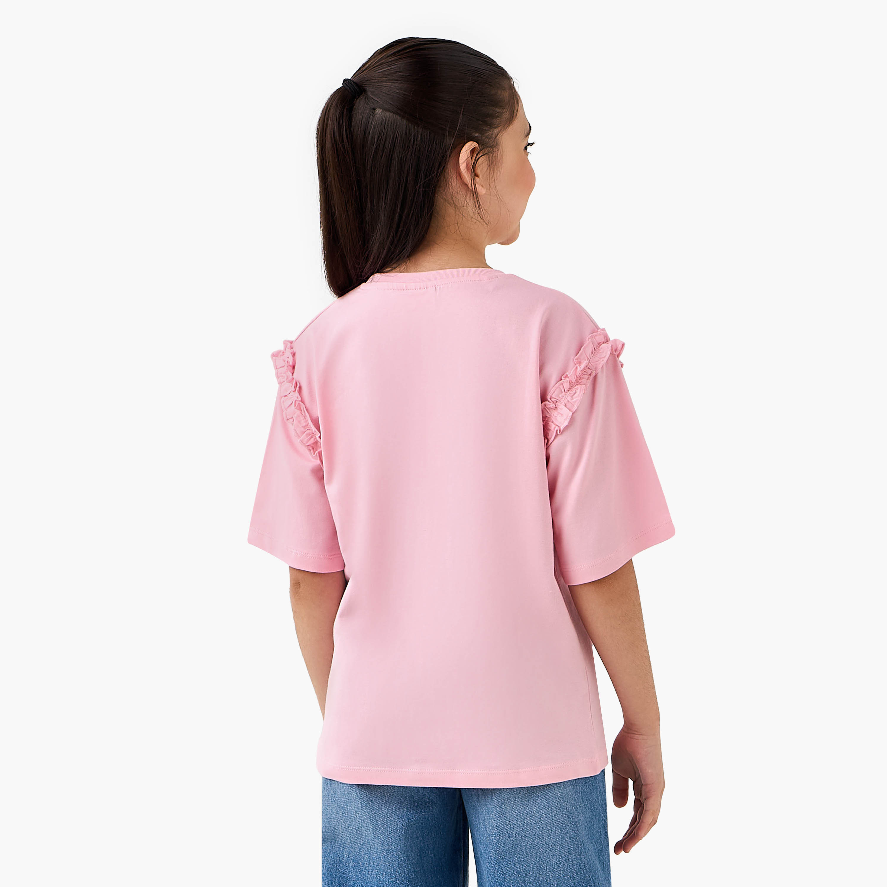 Juniors Crew Neck Short Sleeves T-shirt with Floral Embellished Design-girls-clothing-tshirts-image-3