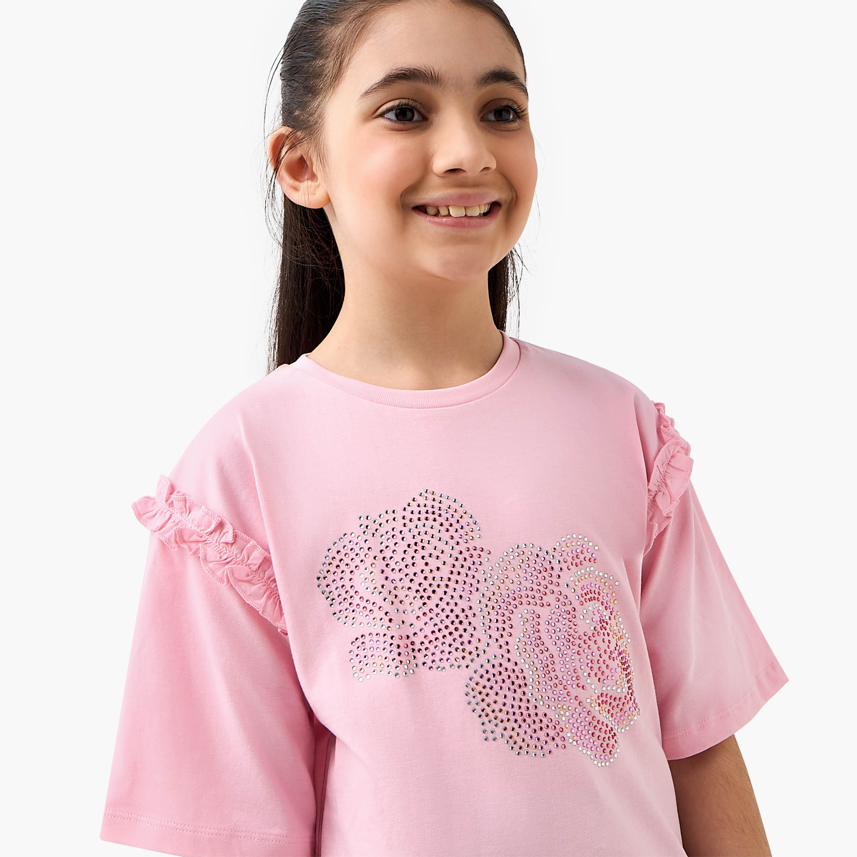 Juniors Crew Neck Short Sleeves T-shirt with Floral Embellished Design-girls-clothing-tshirts-image-4
