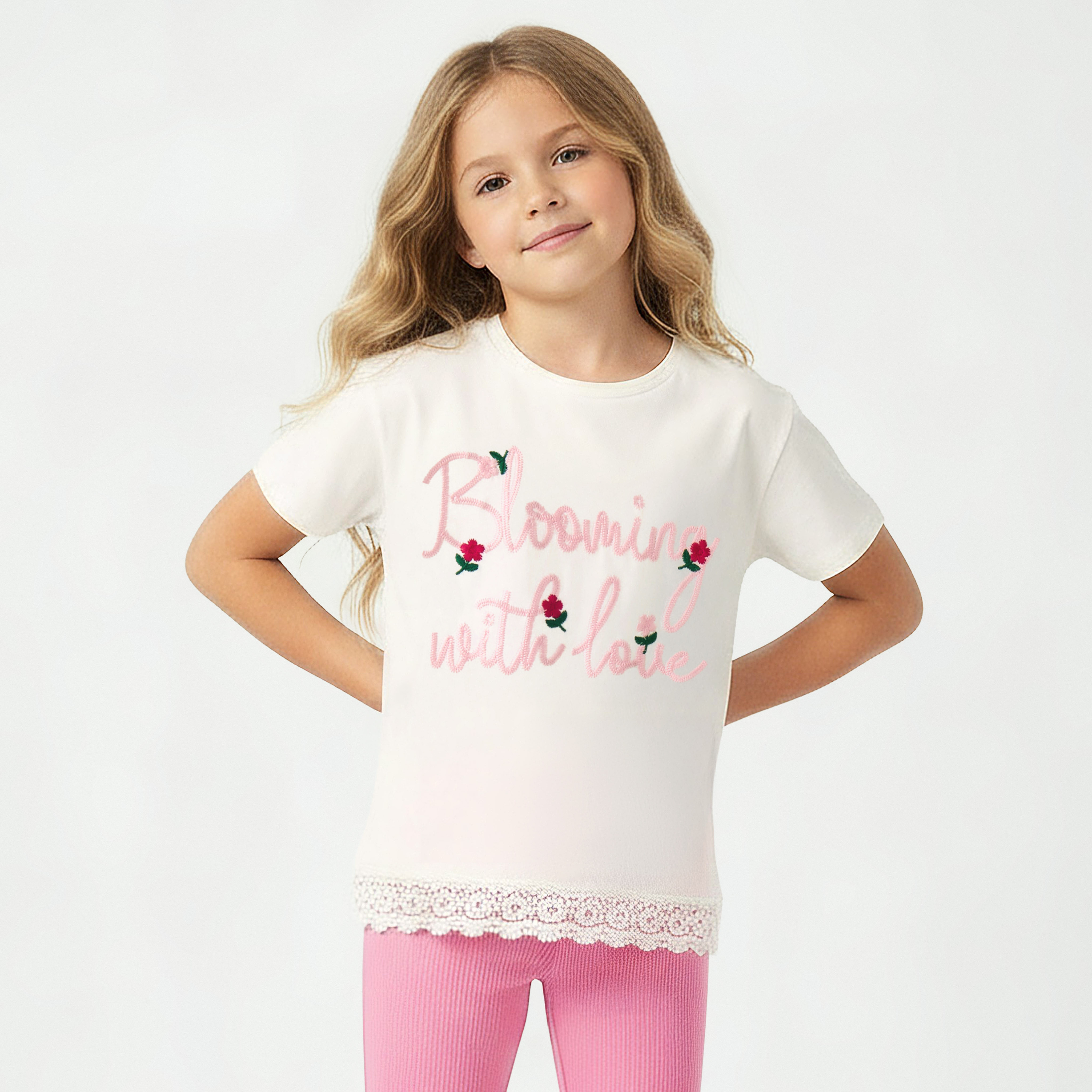 Juniors Crew Neck Short Sleeves T-shirt with Floral Slogan Embroidery-girls-clothing-tshirts-image-1