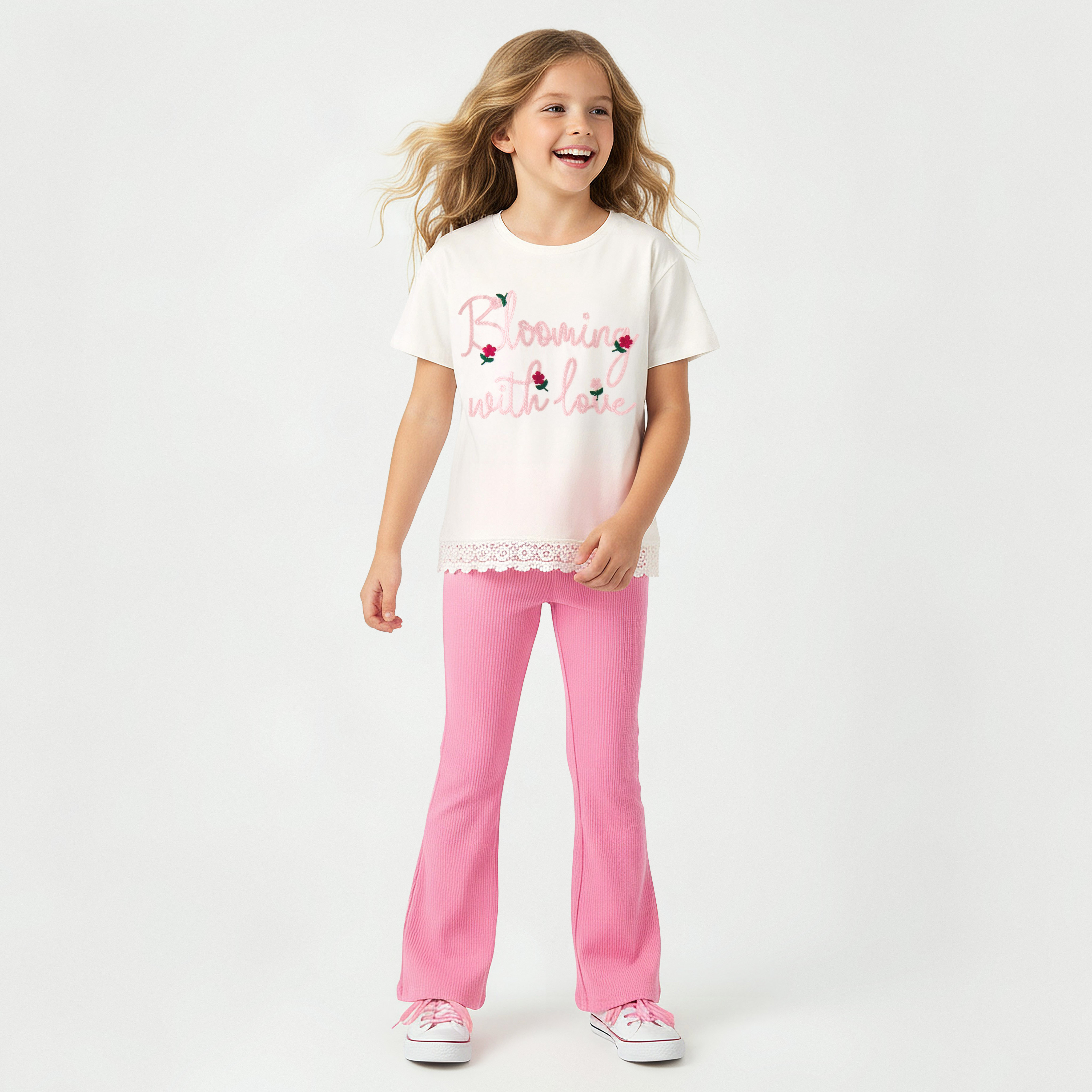 Juniors Crew Neck Short Sleeves T-shirt with Floral Slogan Embroidery-girls-clothing-tshirts-image-2