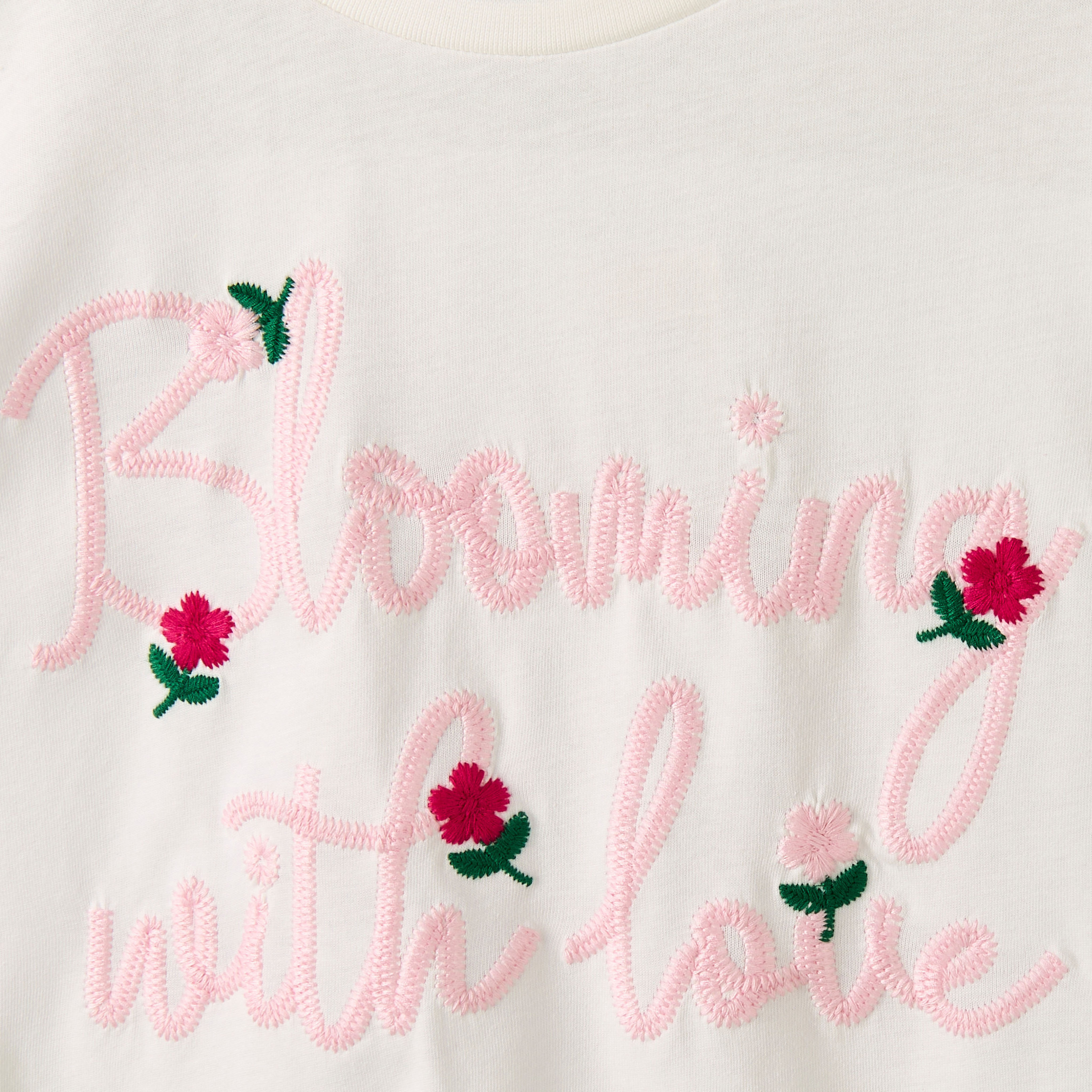 Juniors Crew Neck Short Sleeves T-shirt with Floral Slogan Embroidery-girls-clothing-tshirts-image-4