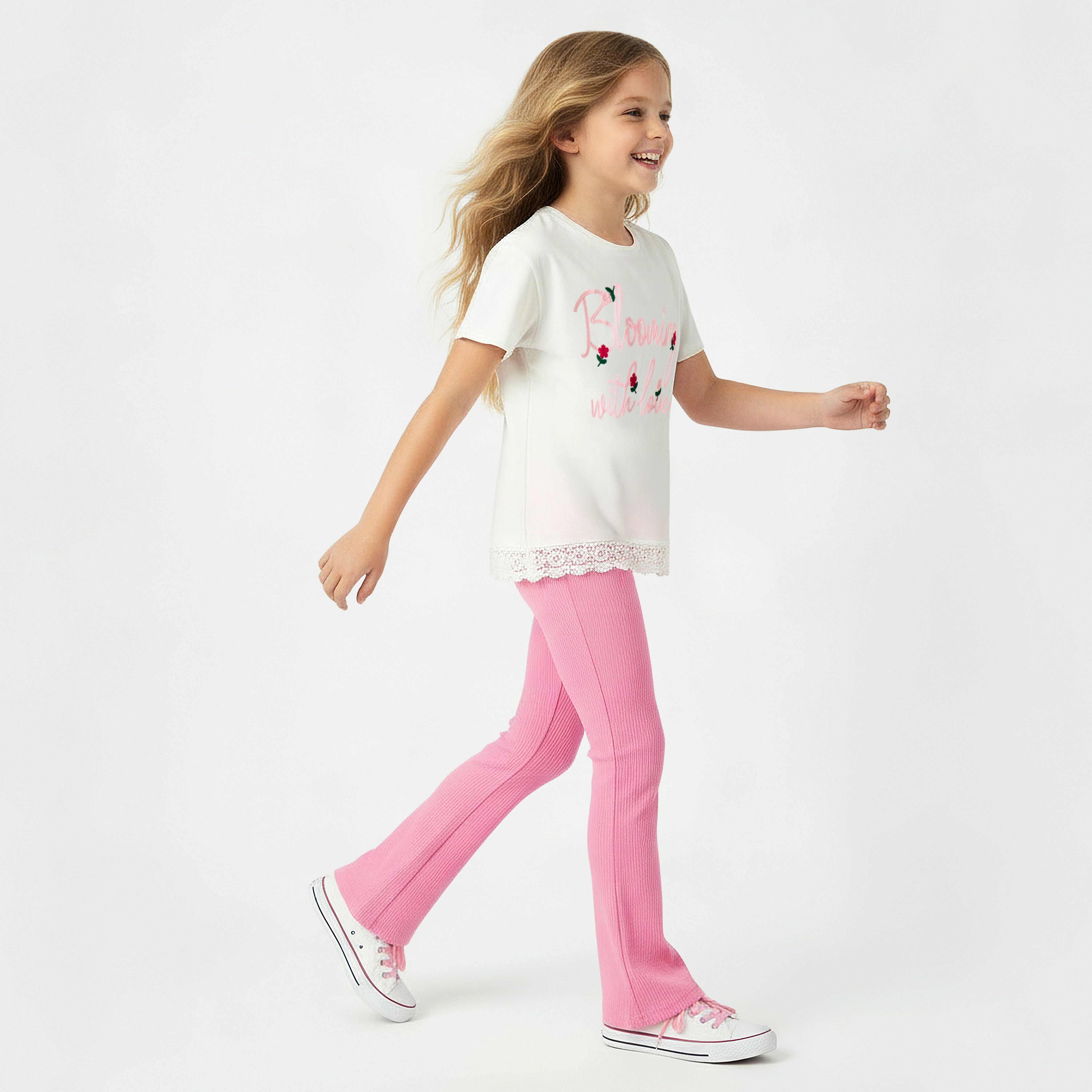 Juniors Crew Neck Short Sleeves T-shirt with Floral Slogan Embroidery-girls-clothing-tshirts-image-5