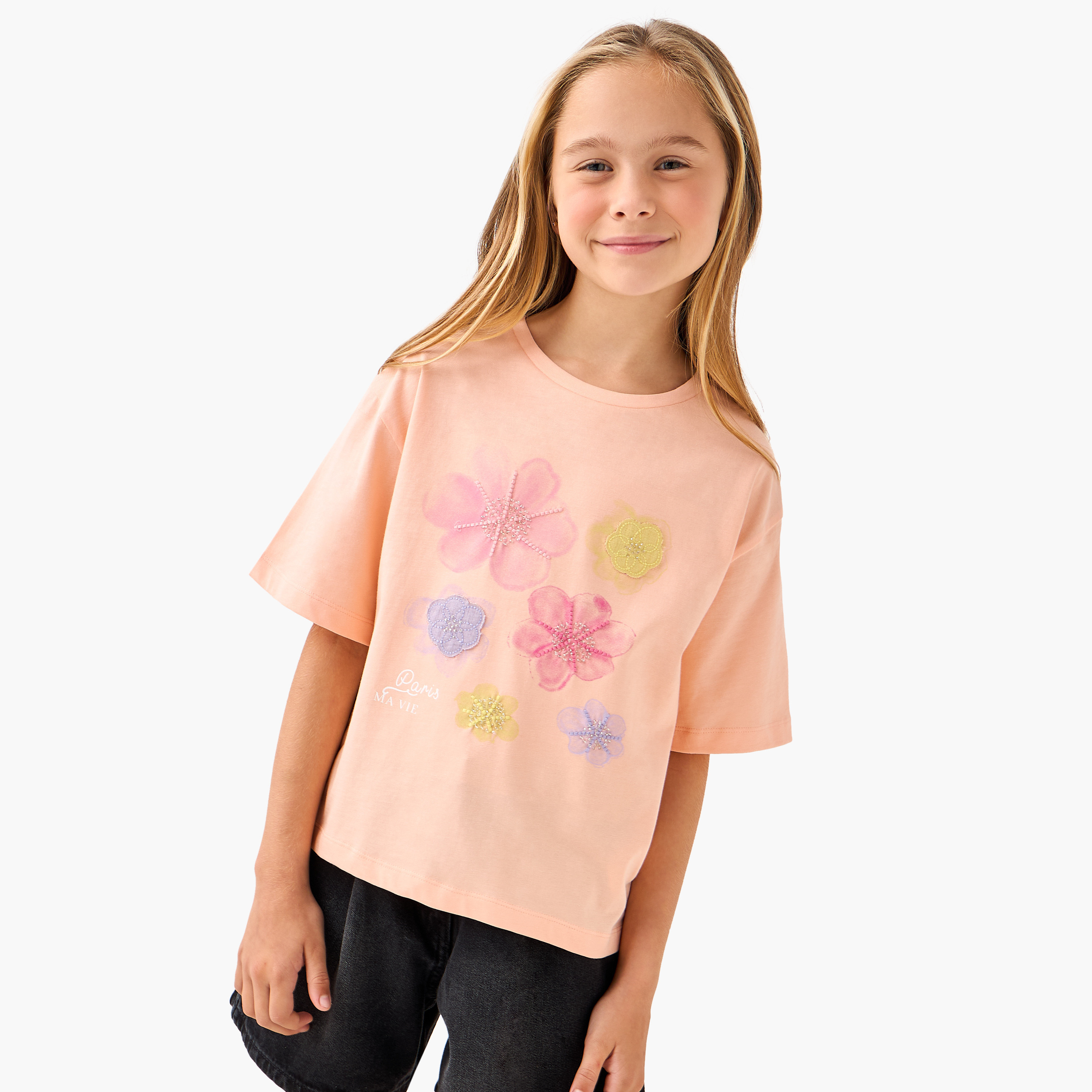 Juniors Crew Neck Short Sleeve T-shirt with Floral Print-girls-clothing-tshirts-image-1