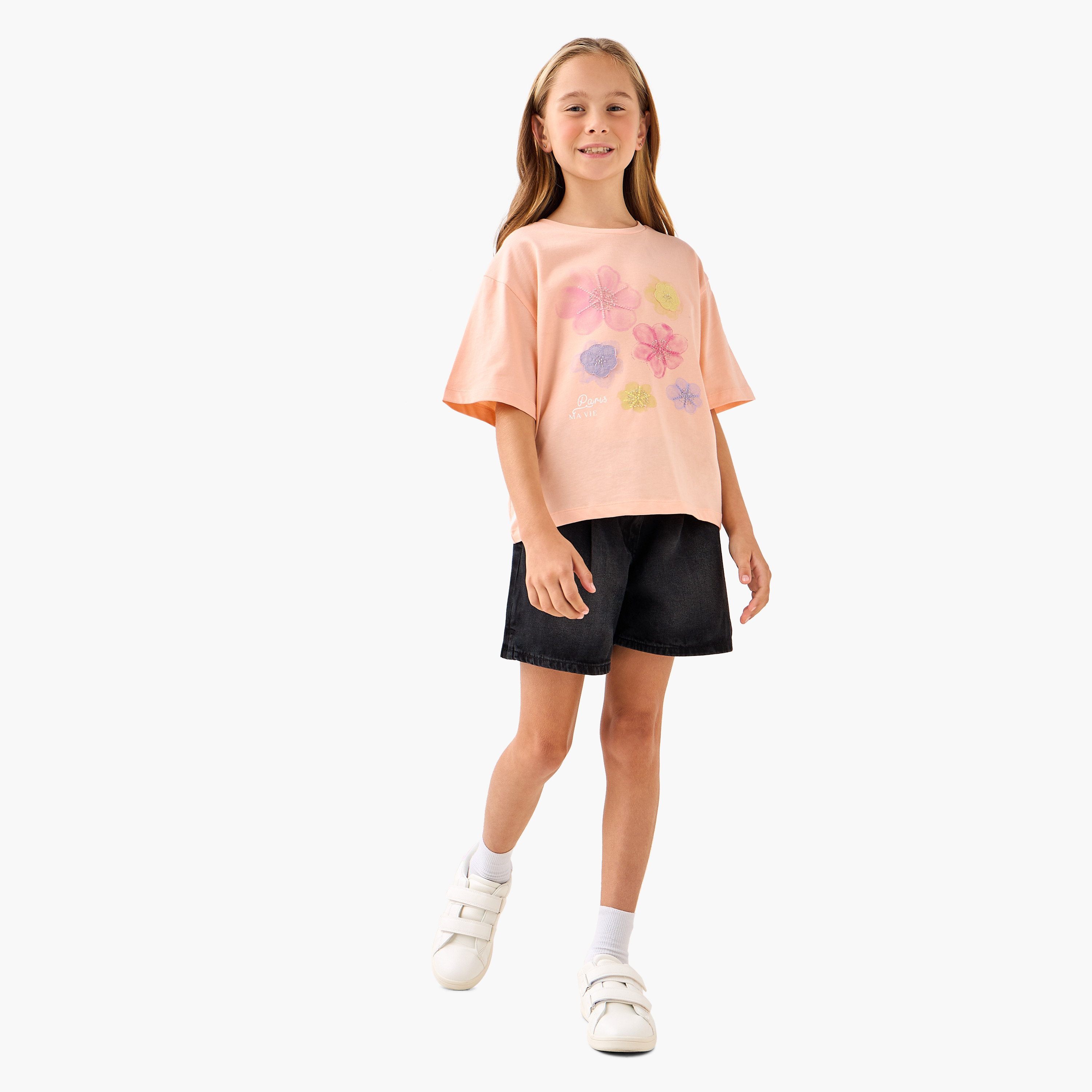Juniors Crew Neck Short Sleeve T-shirt with Floral Print-girls-clothing-tshirts-image-2