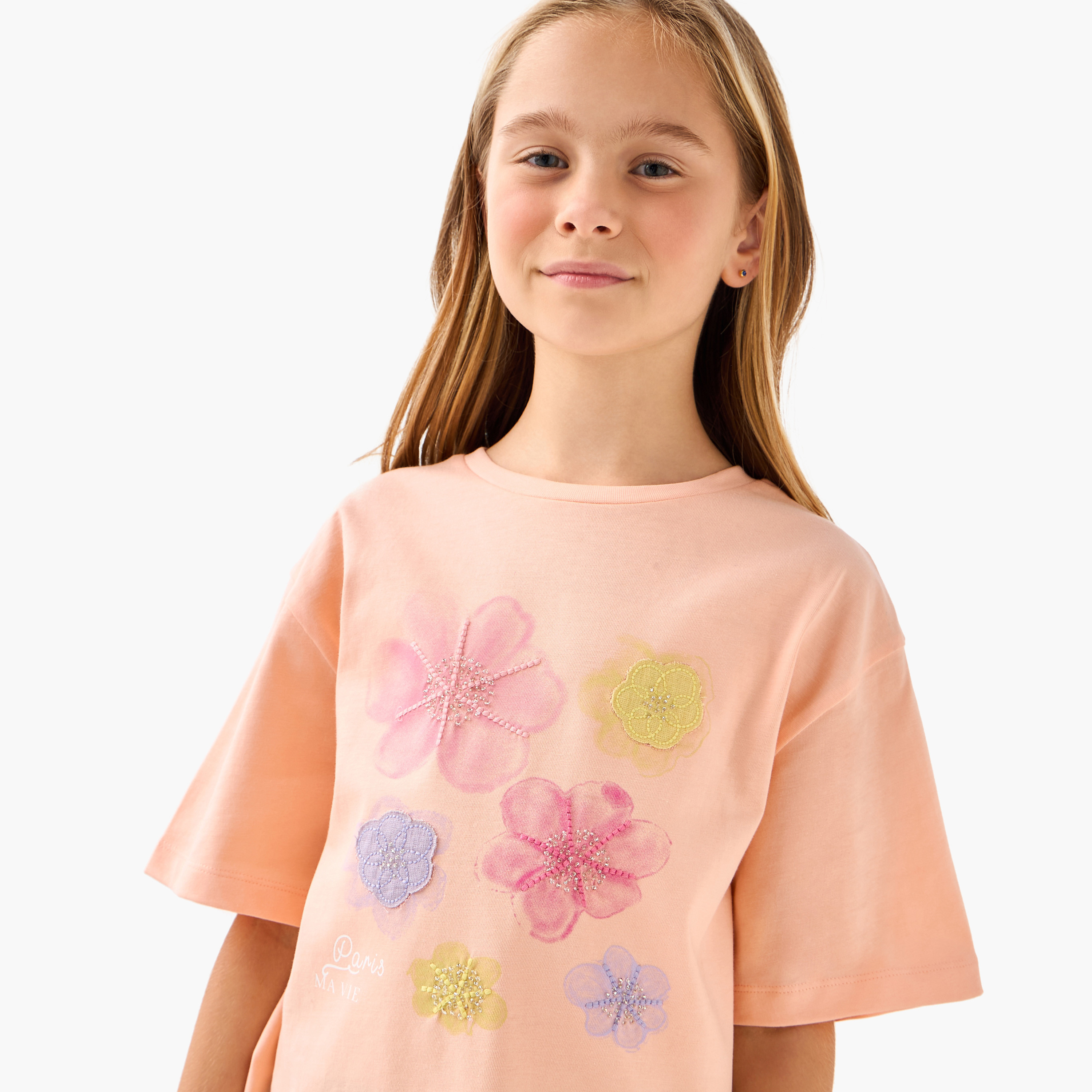 Juniors Crew Neck Short Sleeve T-shirt with Floral Print-girls-clothing-tshirts-image-4