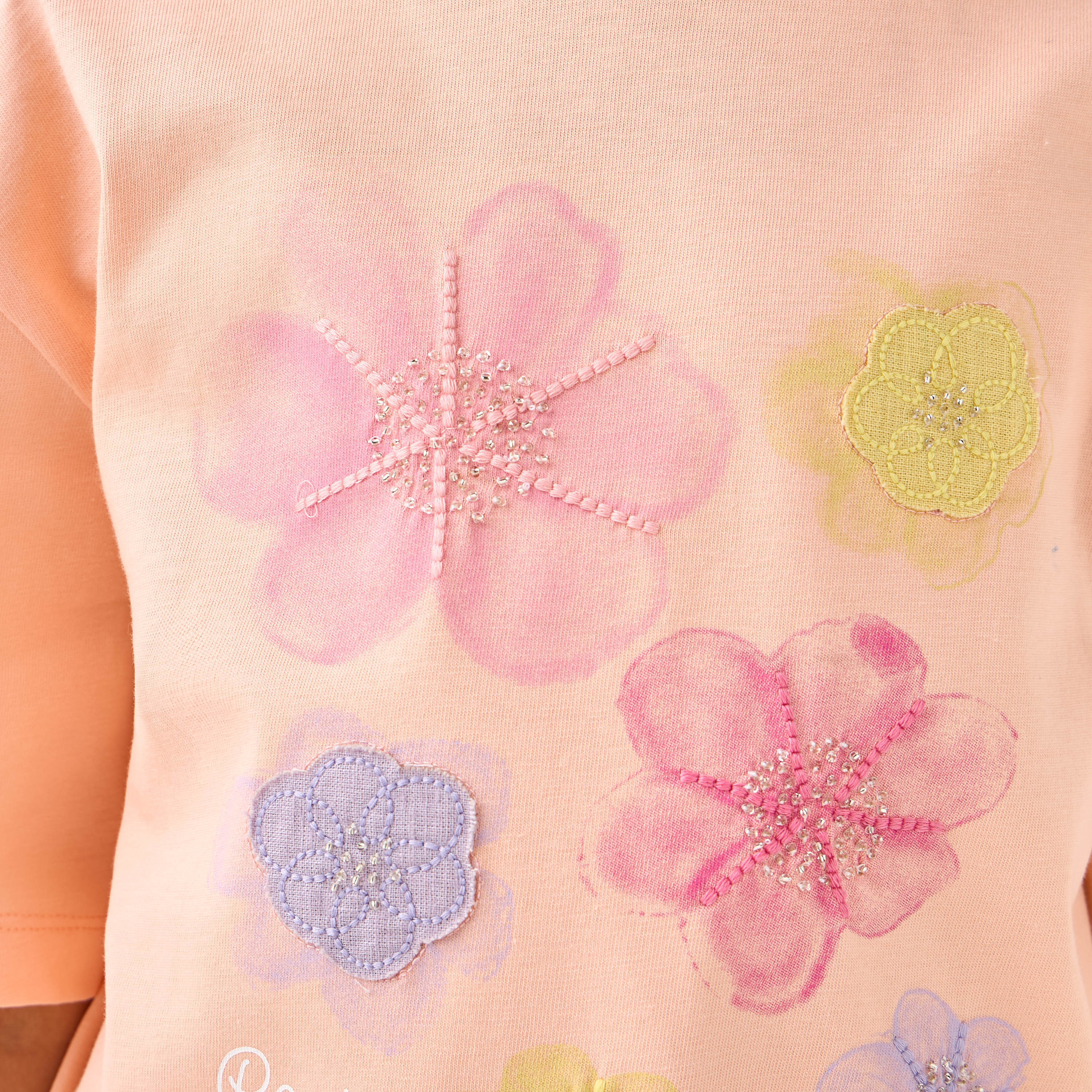 Juniors Crew Neck Short Sleeve T-shirt with Floral Print-girls-clothing-tshirts-image-6