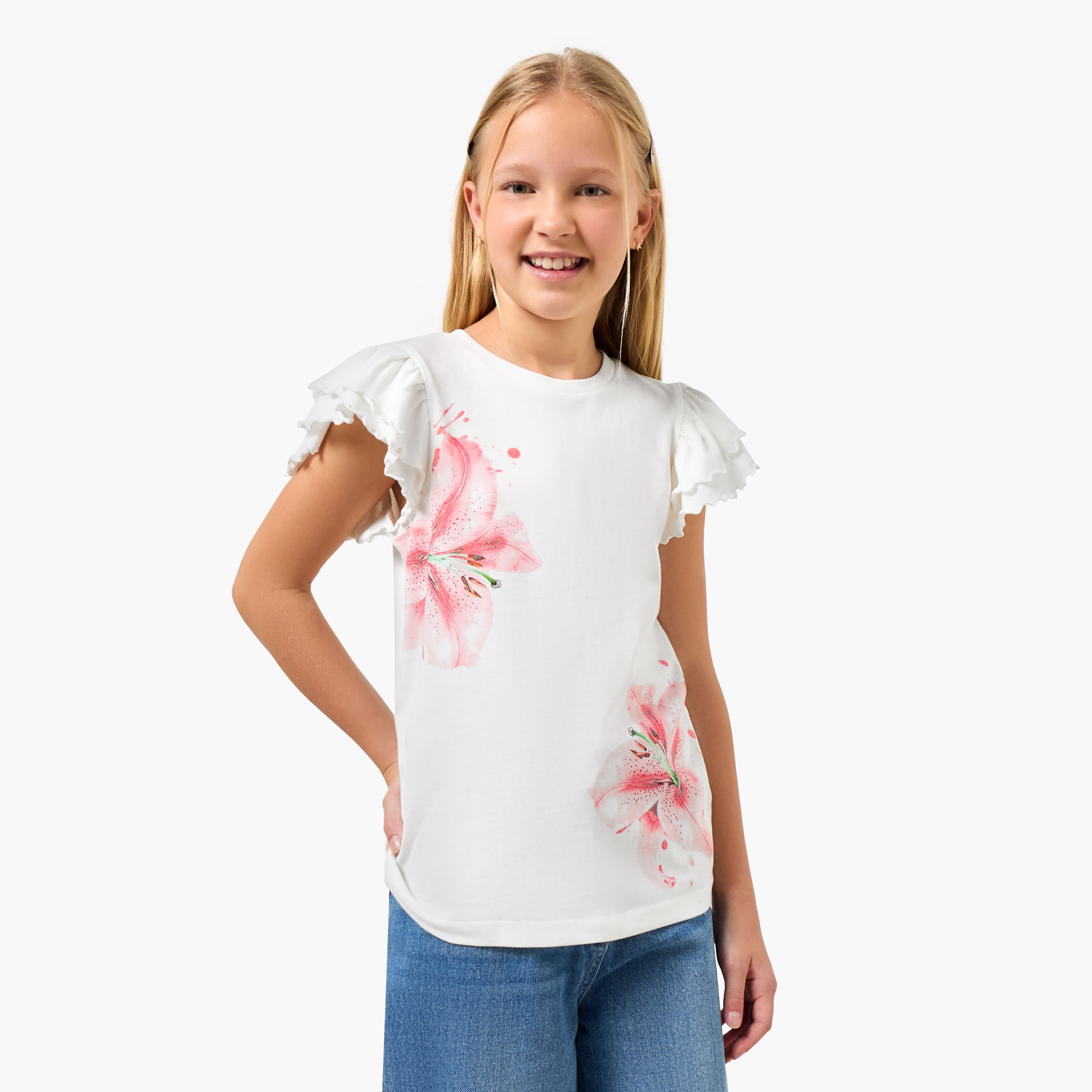 Juniors Crew Neck Cap Sleeves T-shirt with Floral Print-girls-clothing-tshirts-image-1