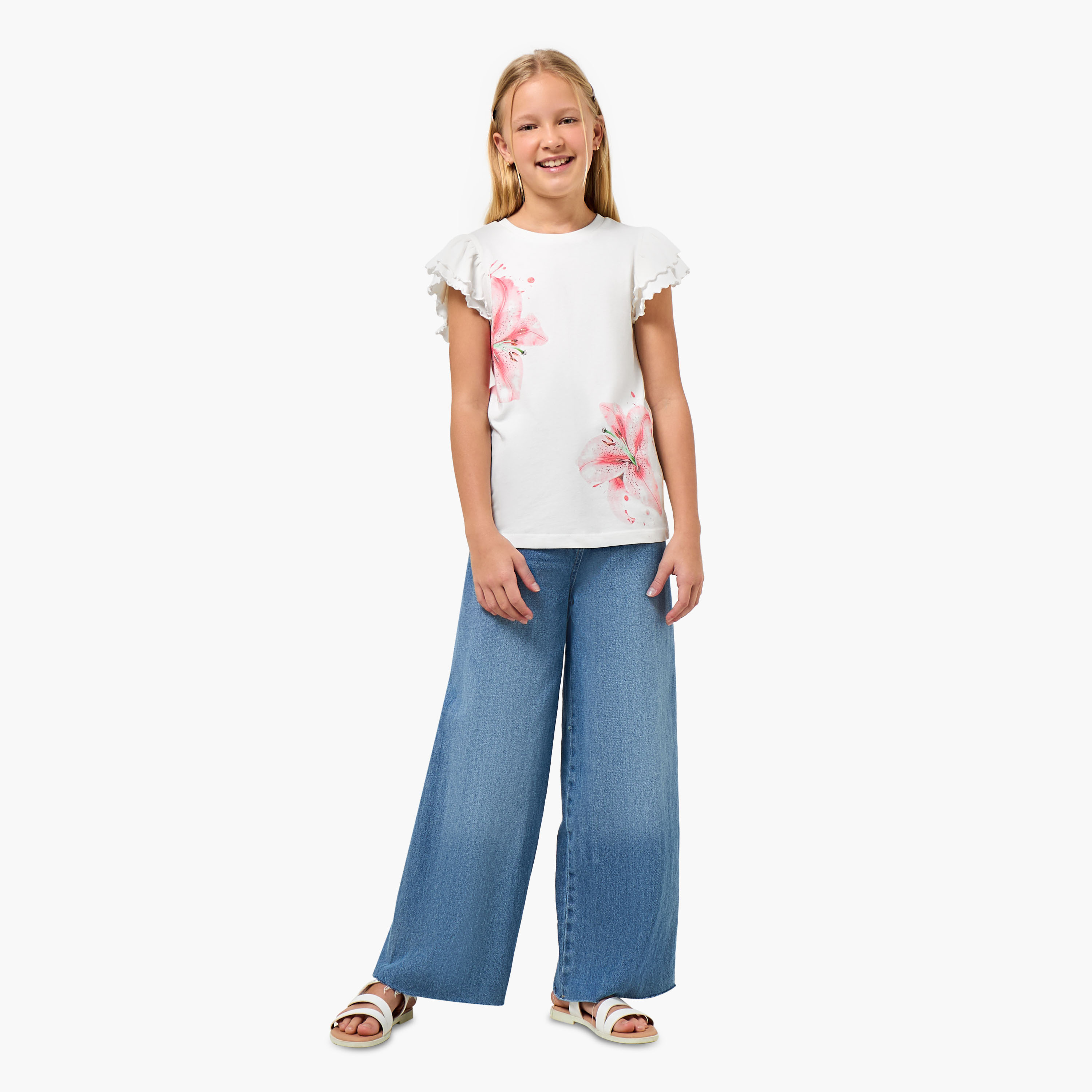 Juniors Crew Neck Cap Sleeves T-shirt with Floral Print-girls-clothing-tshirts-image-2