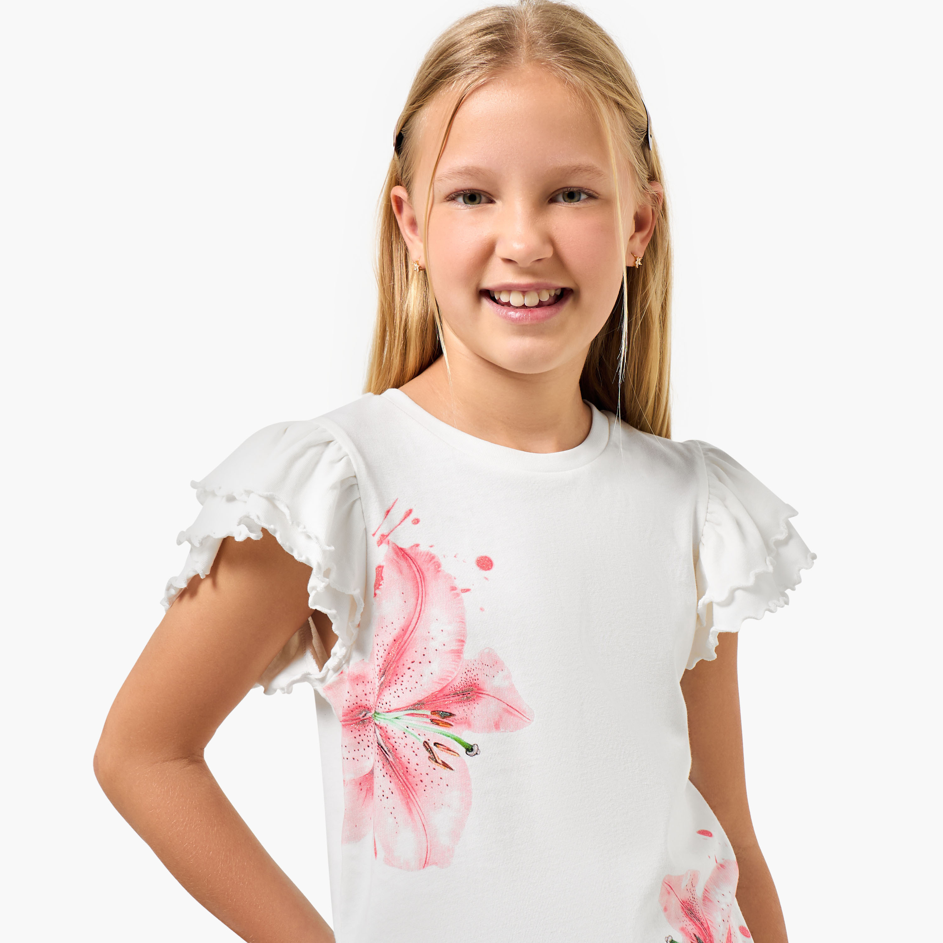 Juniors Crew Neck Cap Sleeves T-shirt with Floral Print-girls-clothing-tshirts-image-4