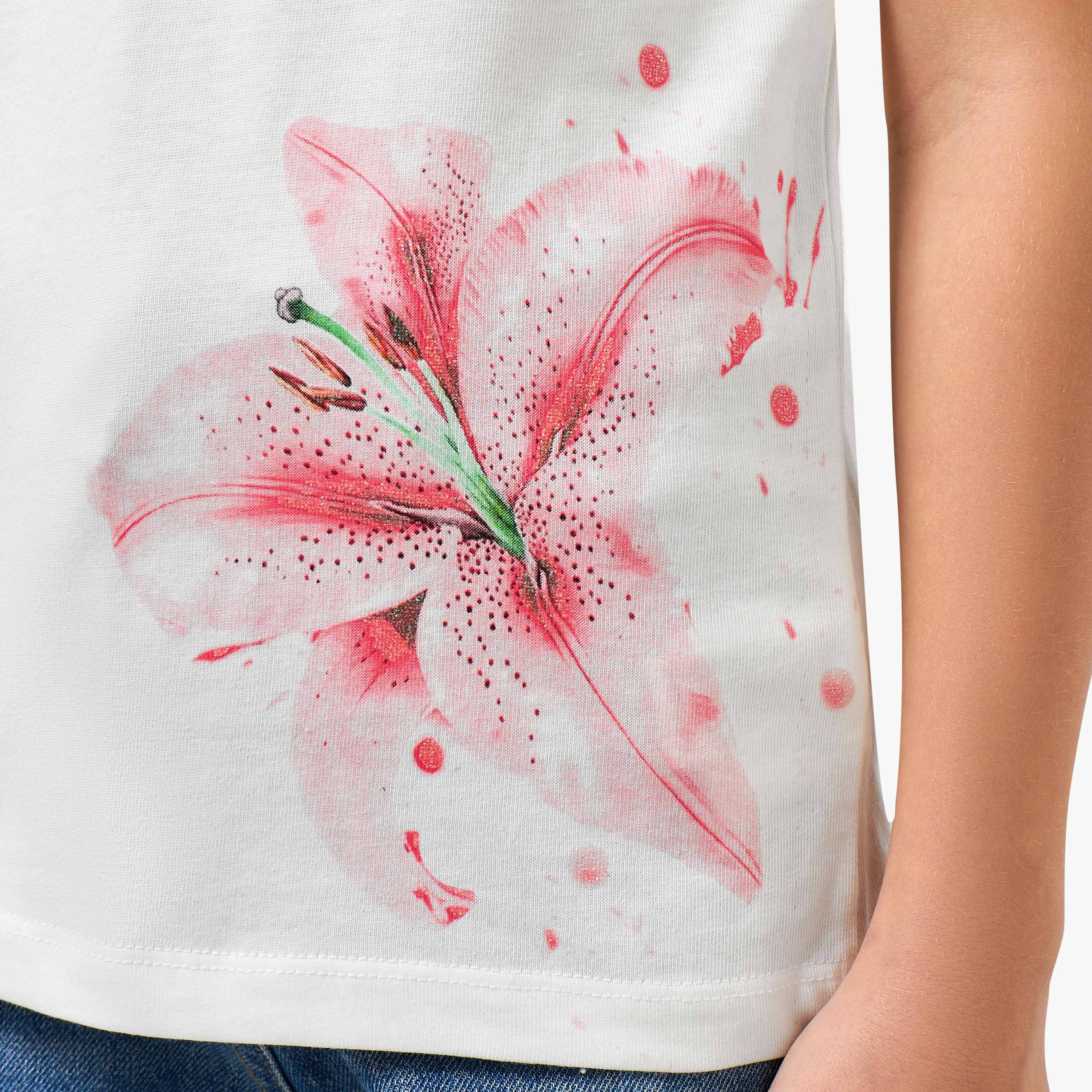 Juniors Crew Neck Cap Sleeves T-shirt with Floral Print-girls-clothing-tshirts-image-5