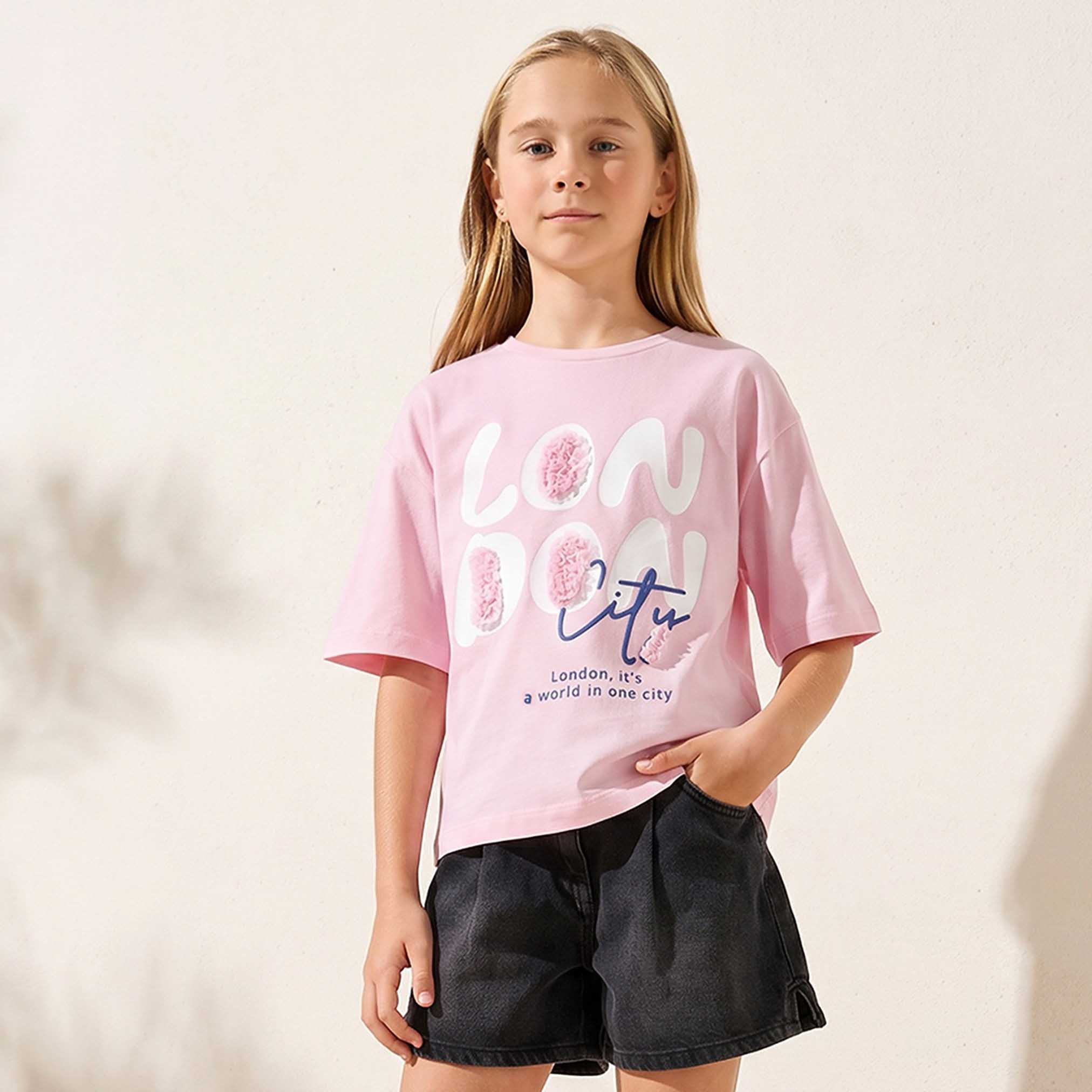 Juniors Crew Neck Short Sleeve T-shirt with Typographic Print-girls-clothing-tshirts-image-1