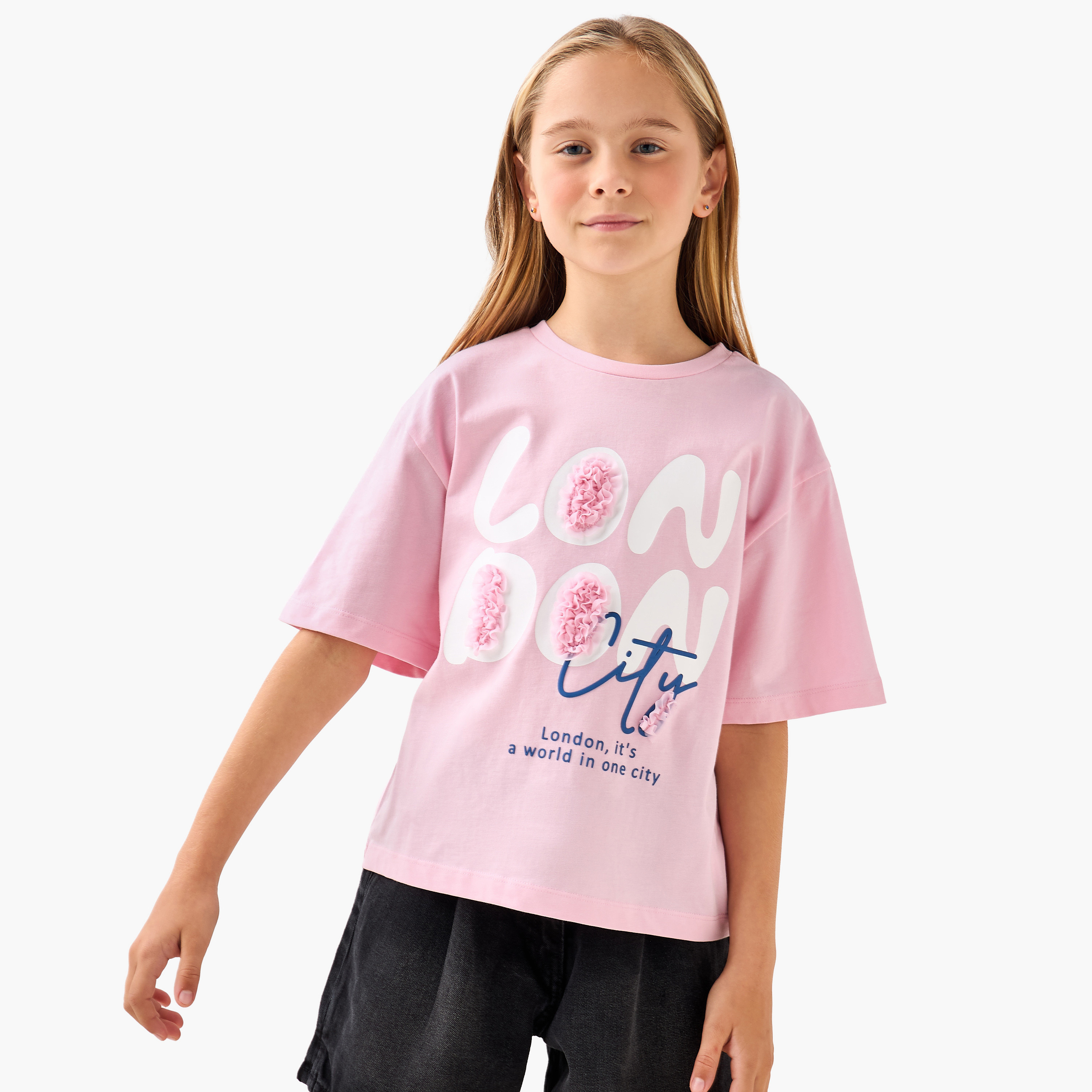 Juniors Crew Neck Short Sleeve T-shirt with Typographic Print-girls-clothing-tshirts-image-2