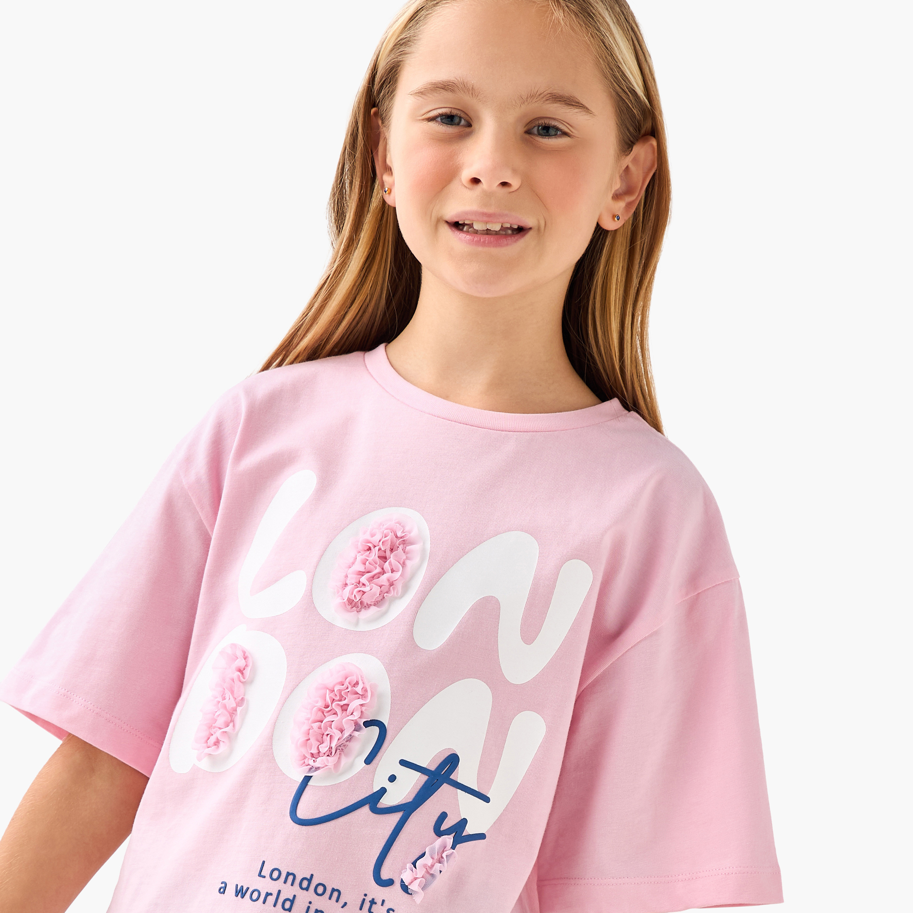 Juniors Crew Neck Short Sleeve T-shirt with Typographic Print-girls-clothing-tshirts-image-4