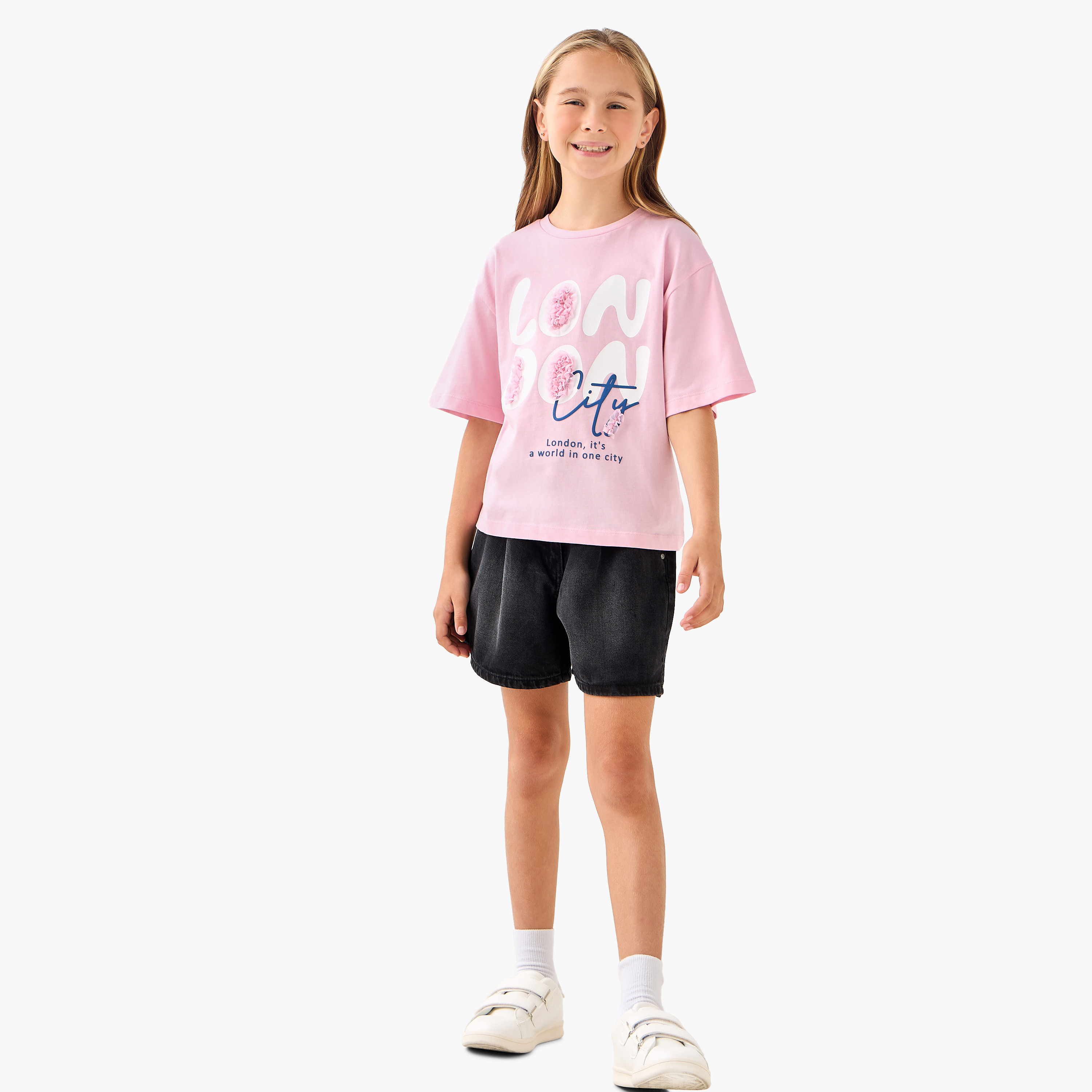 Juniors Crew Neck Short Sleeve T-shirt with Typographic Print-girls-clothing-tshirts-image-6