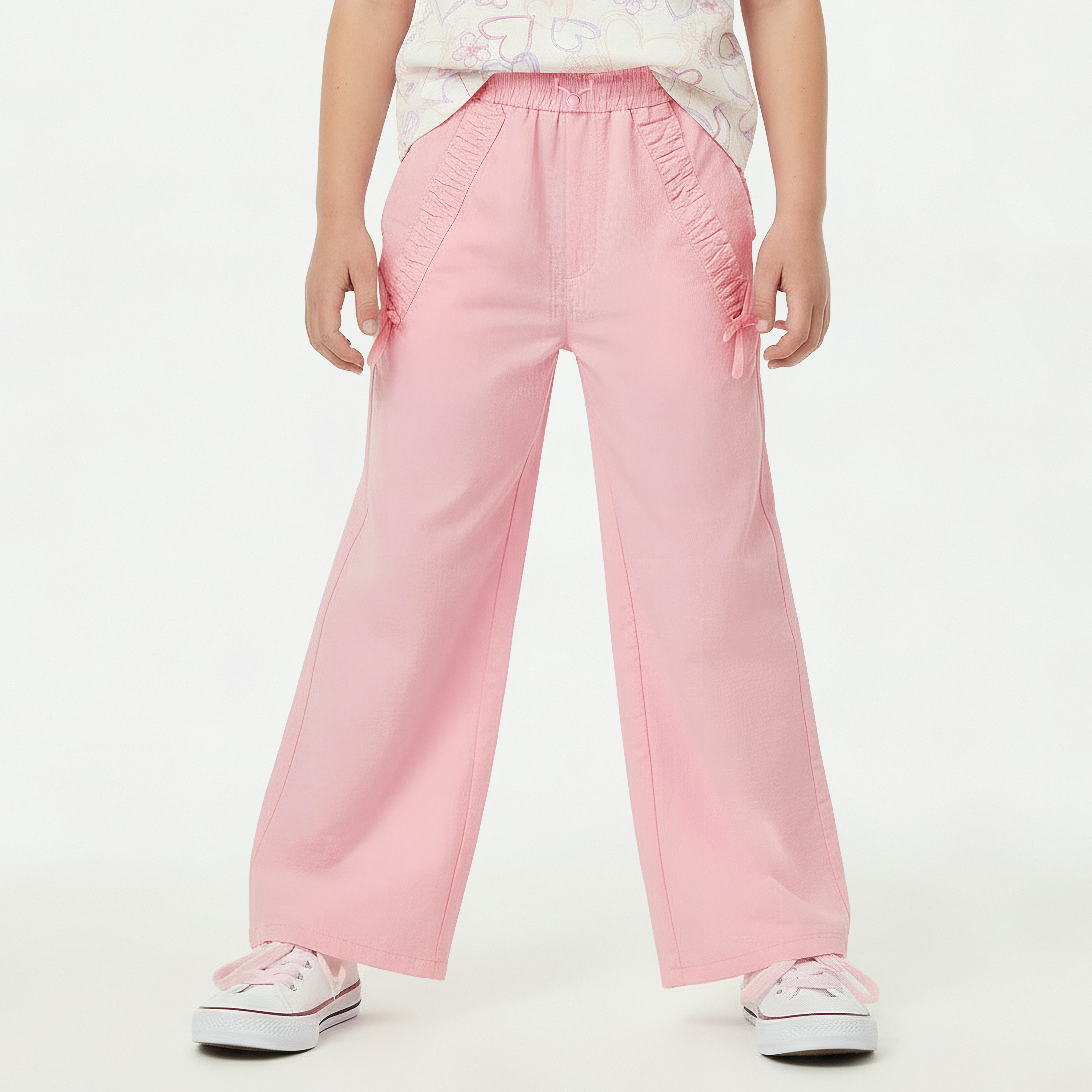 بنطلون بقصة عادية وتفاصيل فيونكة ورباط قابل للتعديل من جونيورز-girls-clothing-bottoms-trousers-image-1