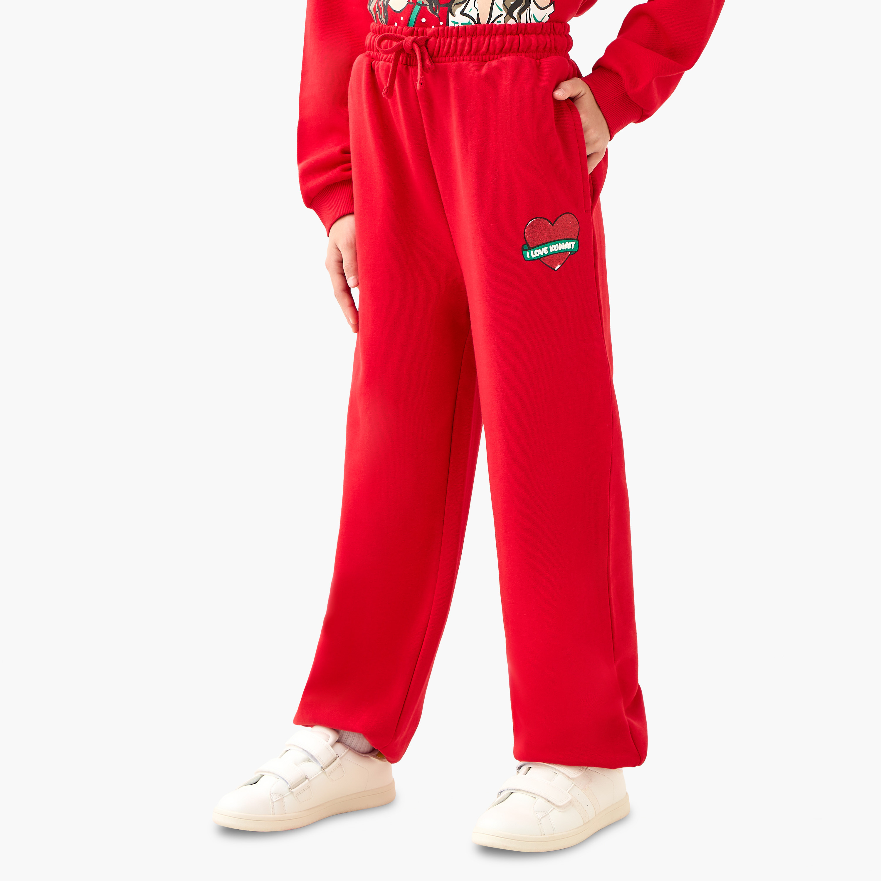 Juniors Elasticated Drawstring Waist Track Pants with Kuwait National Day Print-girls-clothing-schoolwear-bottoms-pants-image-1