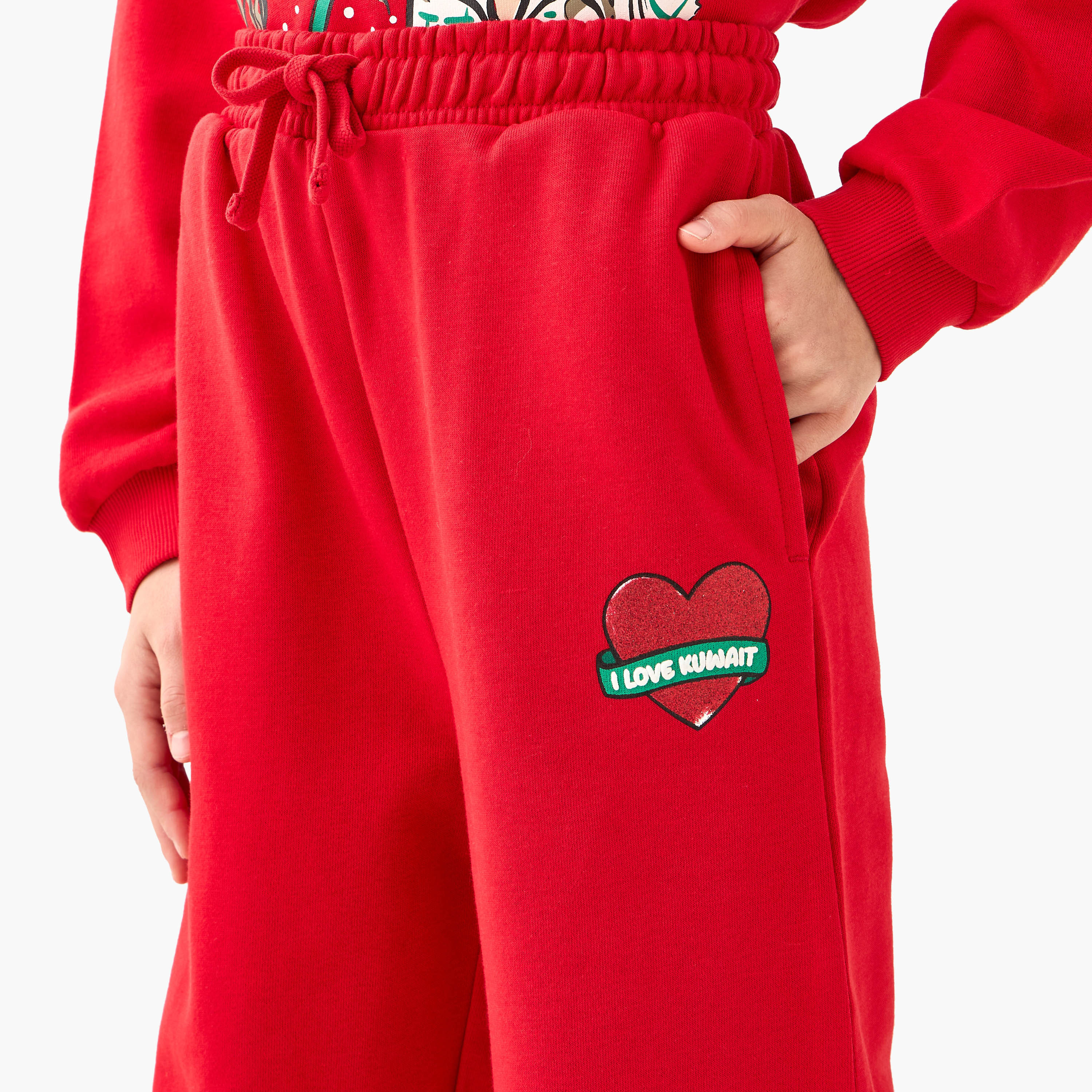 Juniors Elasticated Drawstring Waist Track Pants with Kuwait National Day Print-girls-clothing-schoolwear-bottoms-pants-image-4