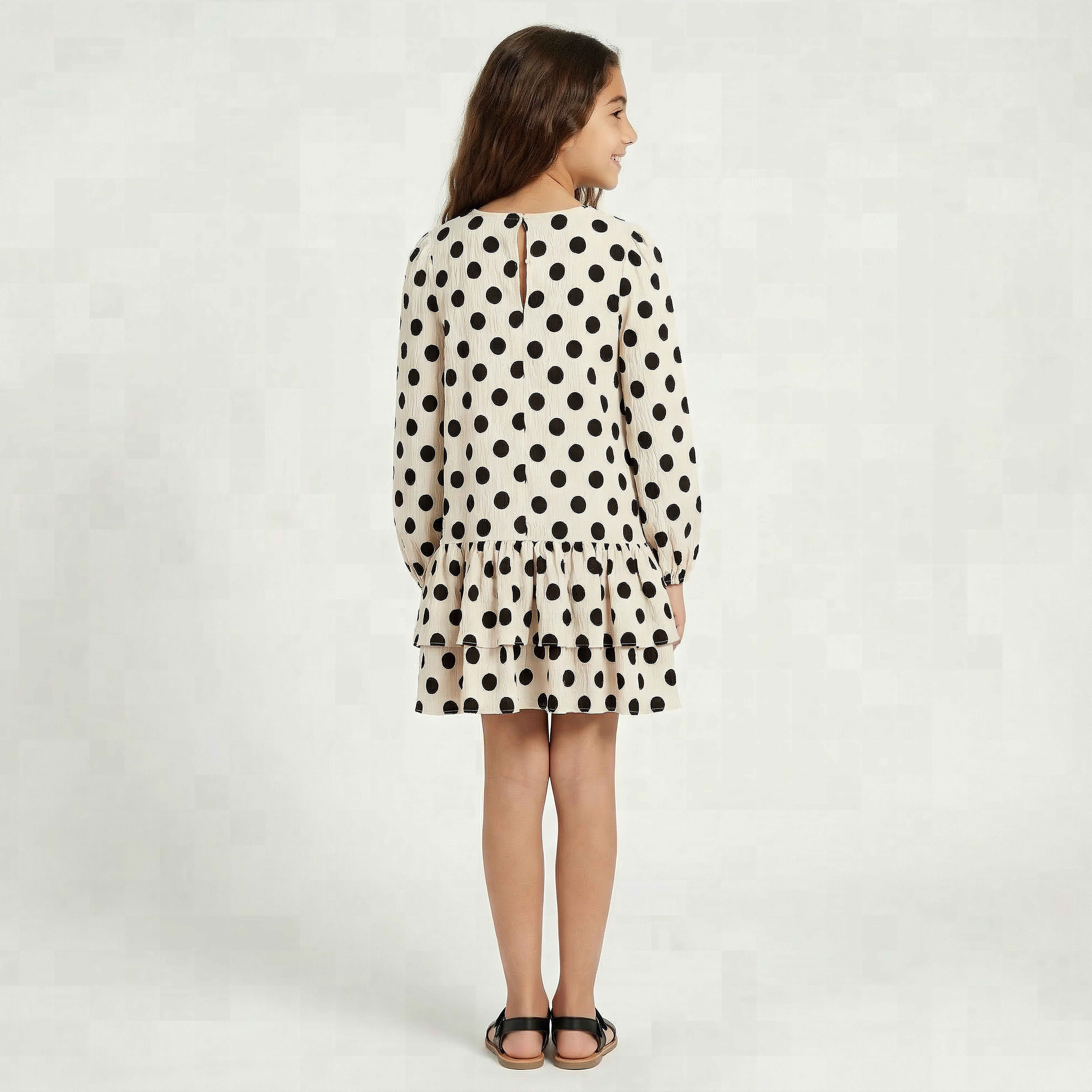 Juniors Round Neck Long Sleeves Dropwaist Dress with Polka Dot Dress-girls-clothing-dressesandjumpsuits-image-2