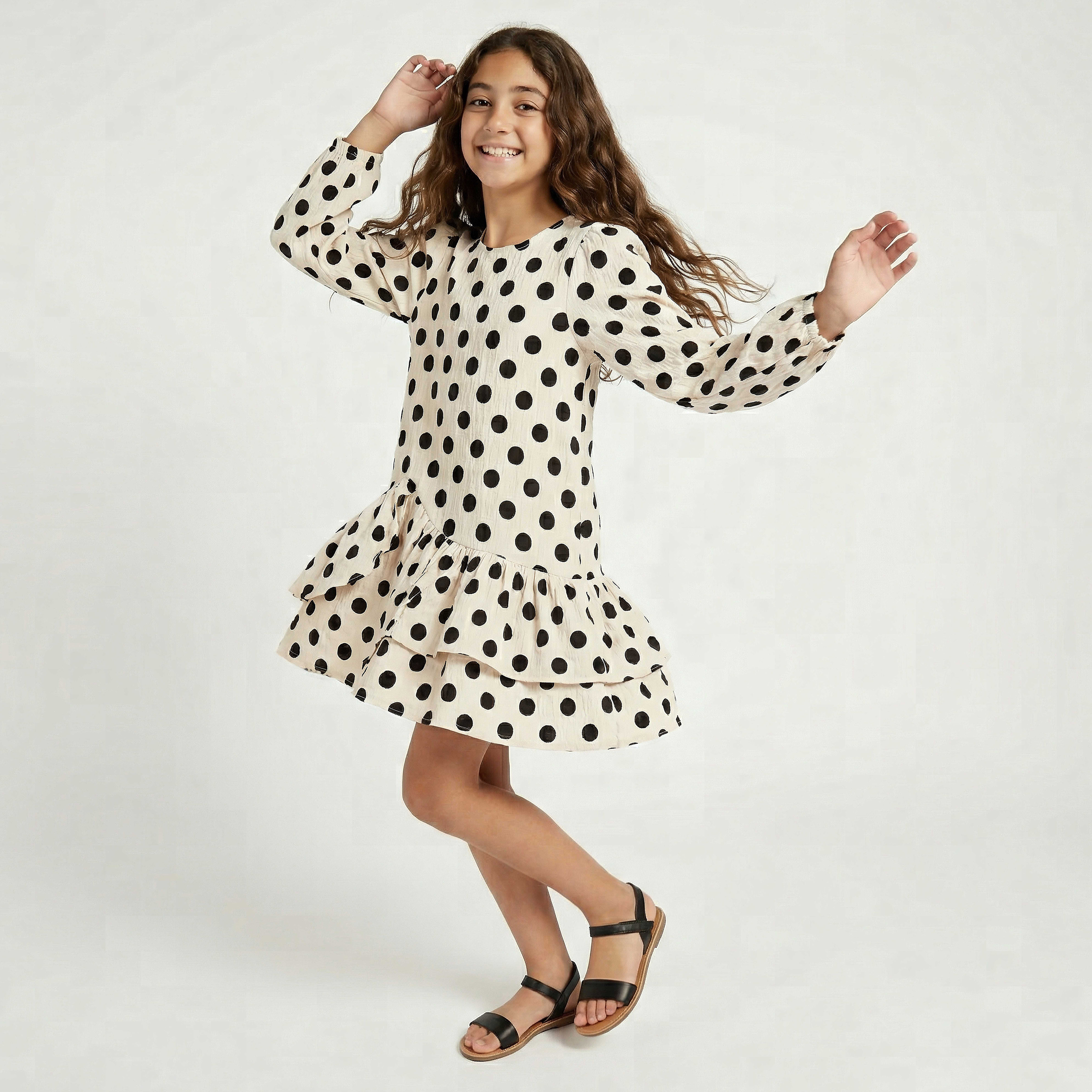 Juniors Round Neck Long Sleeves Dropwaist Dress with Polka Dot Dress-girls-clothing-dressesandjumpsuits-image-3