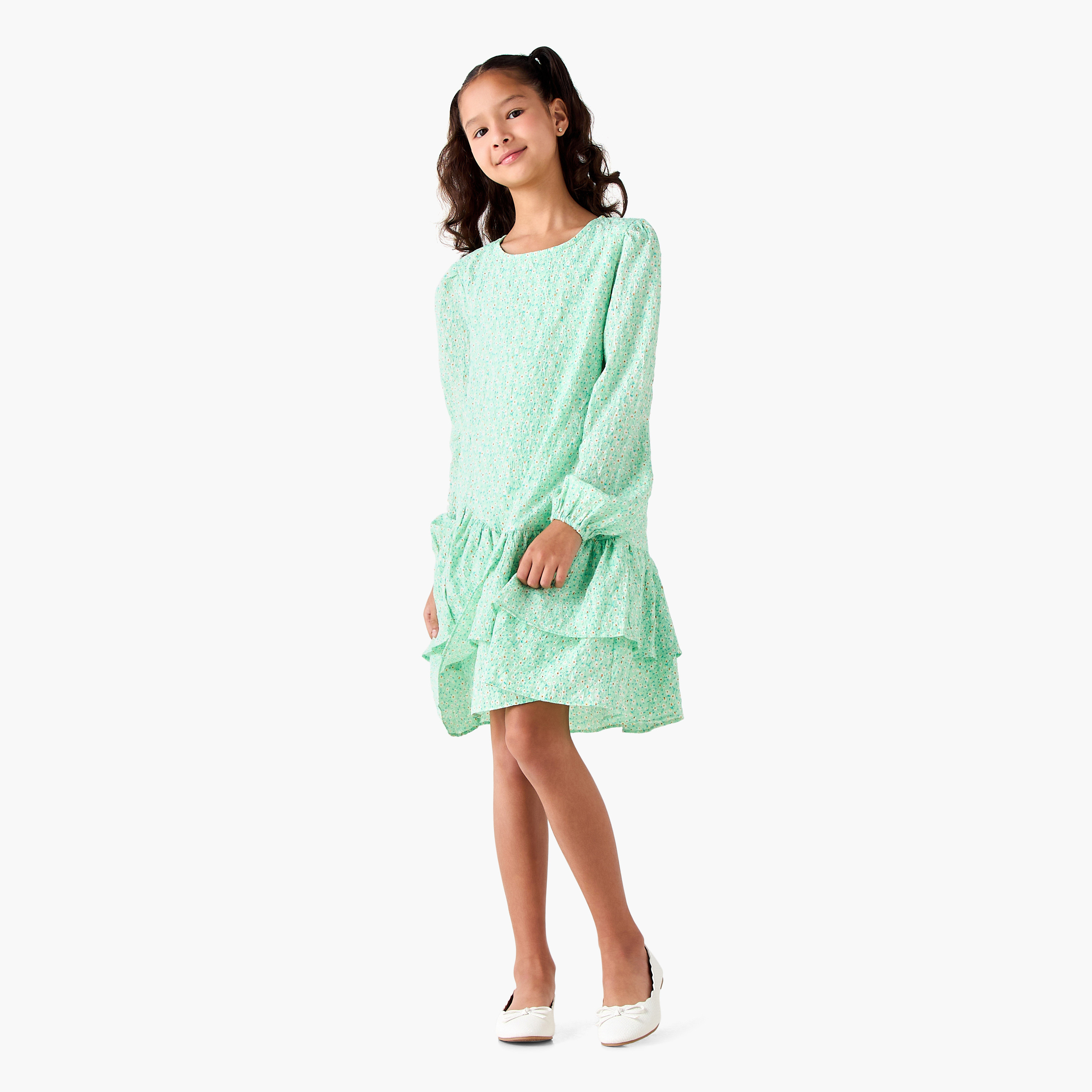 Juniors Round Neck Long Sleeves Tiered Dress with Floral Print-girls-clothing-dressesandjumpsuits-image-2