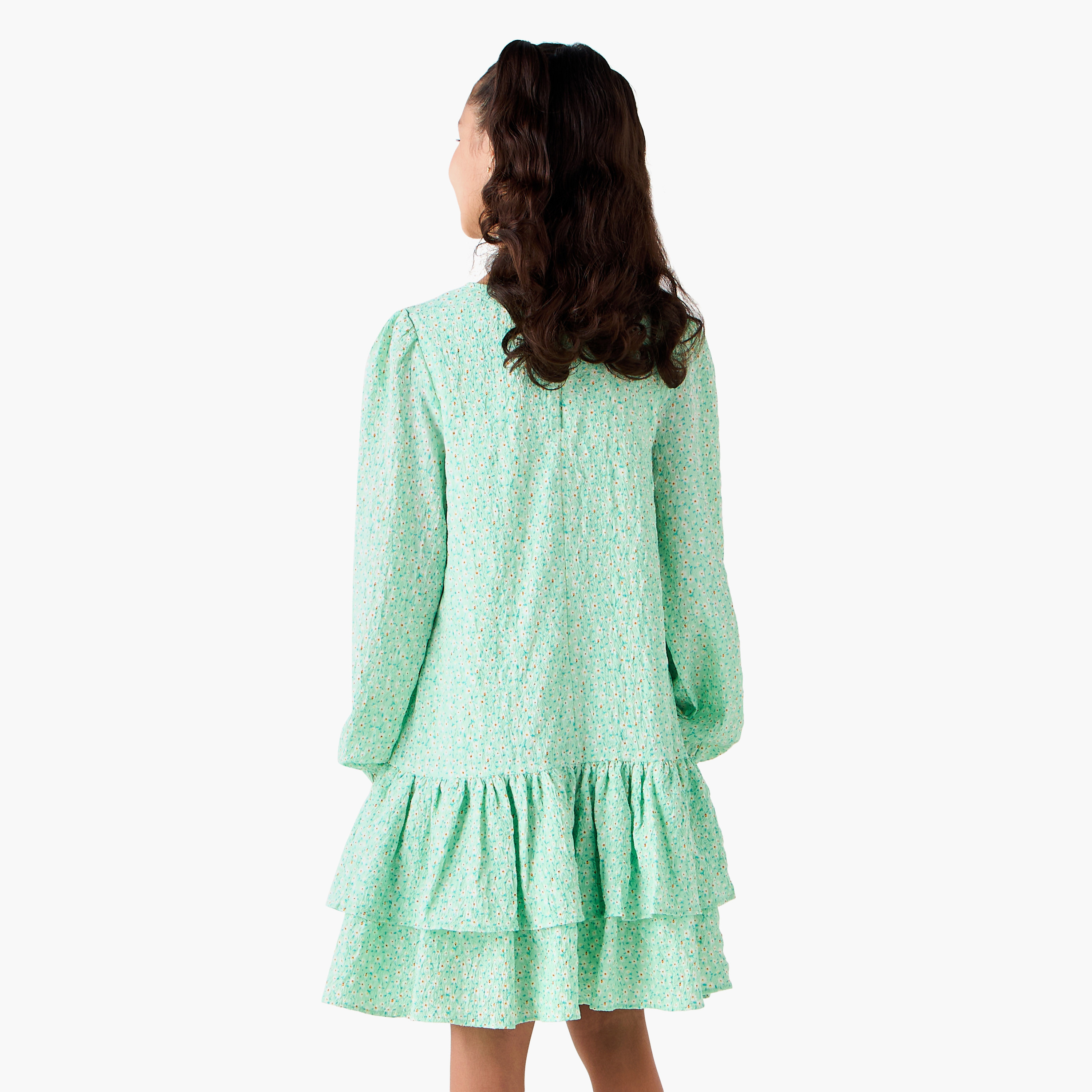 Juniors Round Neck Long Sleeves Tiered Dress with Floral Print-girls-clothing-dressesandjumpsuits-image-3